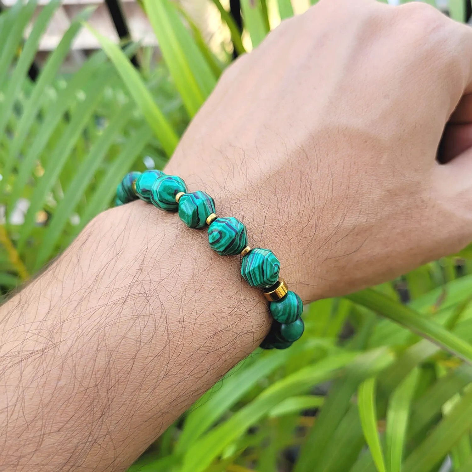 Diamond Cut Malachite Jade With Golden Hematite Natural Stone Bracelet