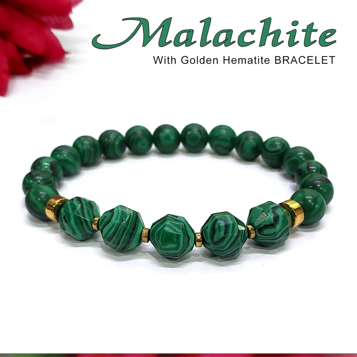 Diamond Cut Malachite Jade With Golden Hematite Natural Stone Bracelet