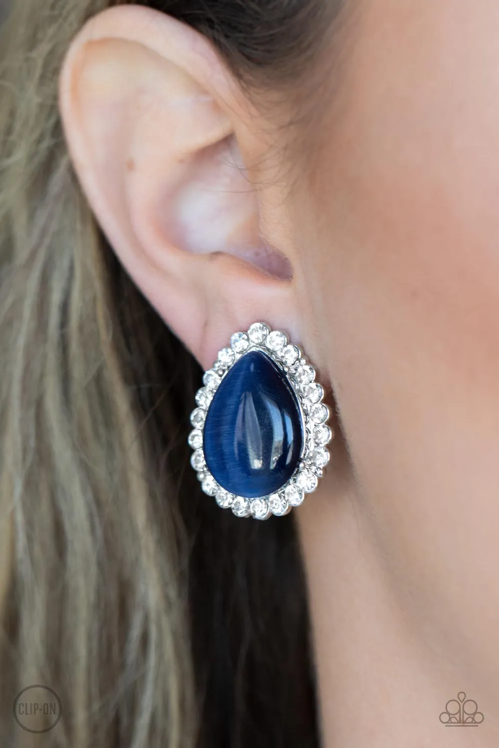 Downright Demure Blue Cat's Eye Stone Clip-On Earrings - Paparazzi Accessories