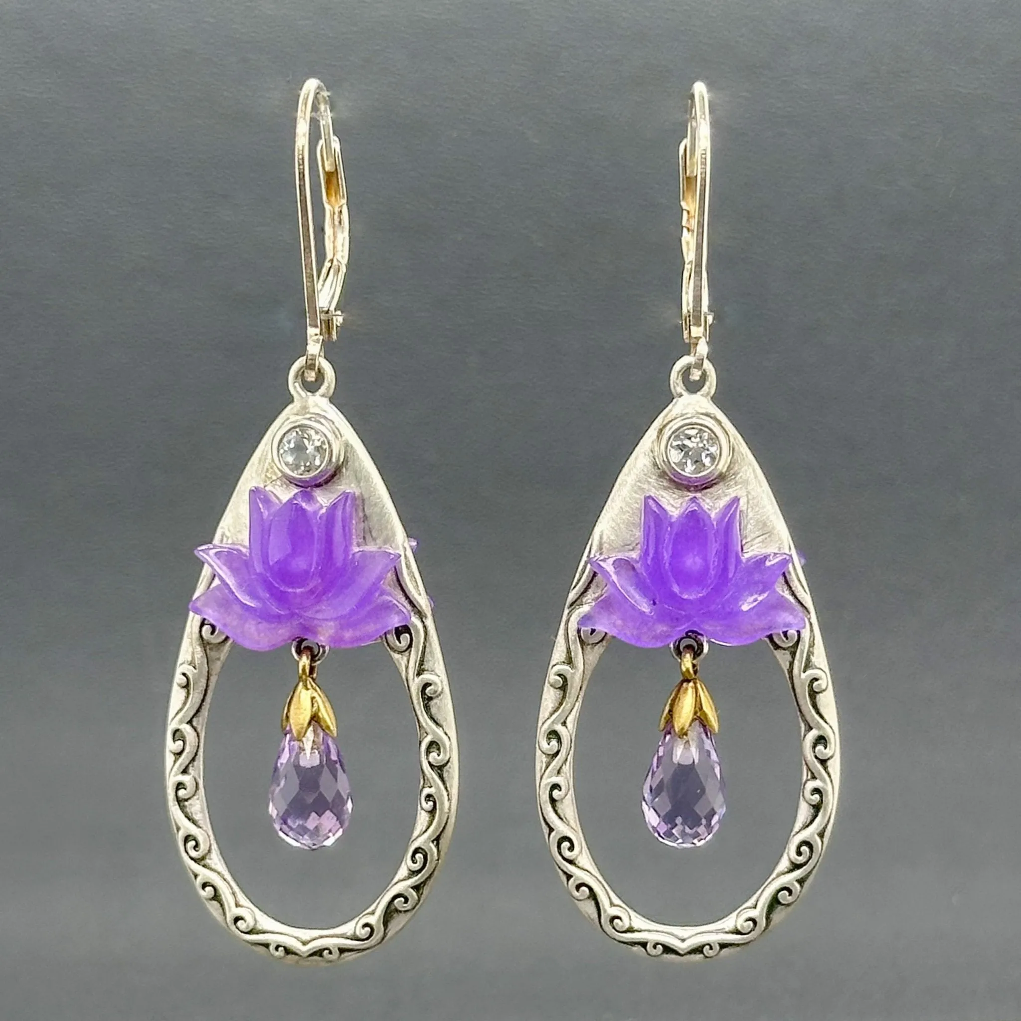 Estate SS Purple Lotus Flower Drop Earrings