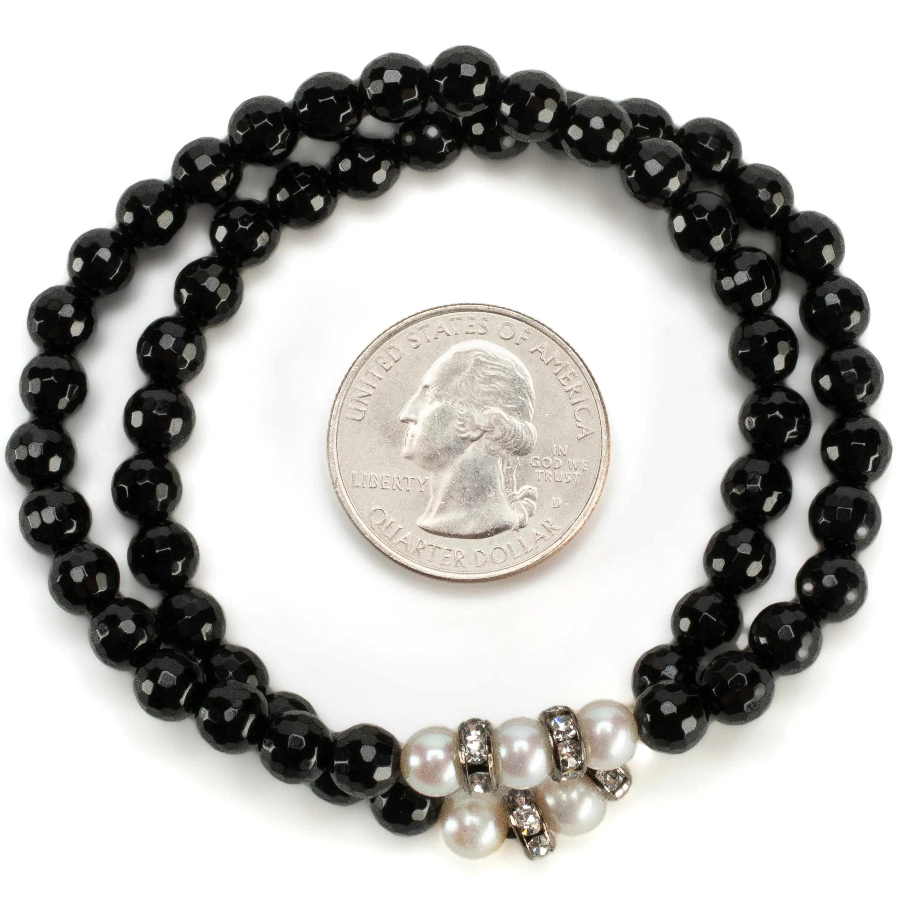 Faceted Black Agate 6mm Beads with Pearl & Silver Accent Beads Double Wrap Elastic Gemstone Bracelet