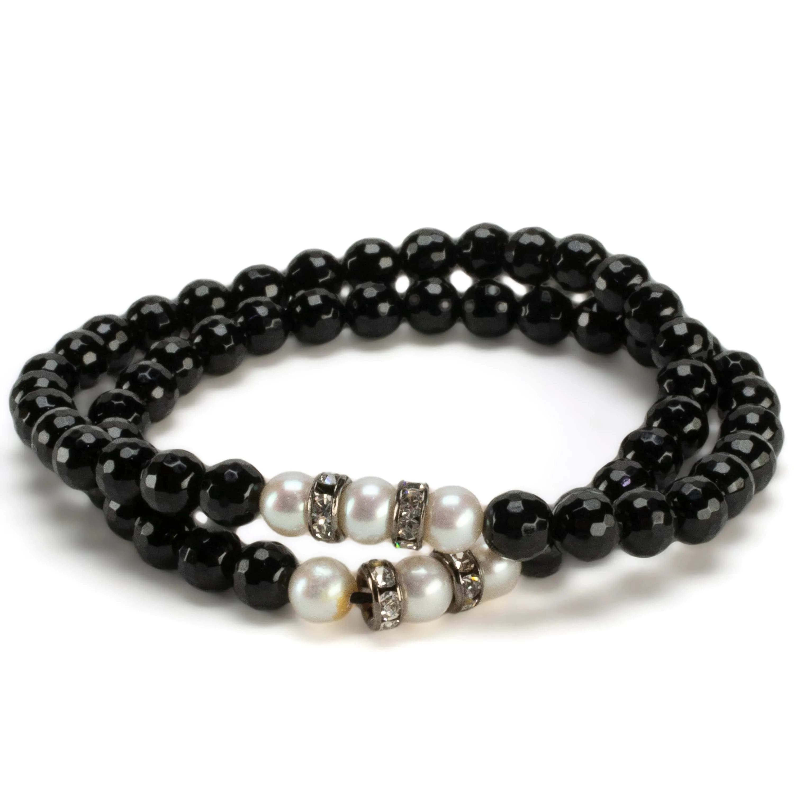 Faceted Black Agate 6mm Beads with Pearl & Silver Accent Beads Double Wrap Elastic Gemstone Bracelet