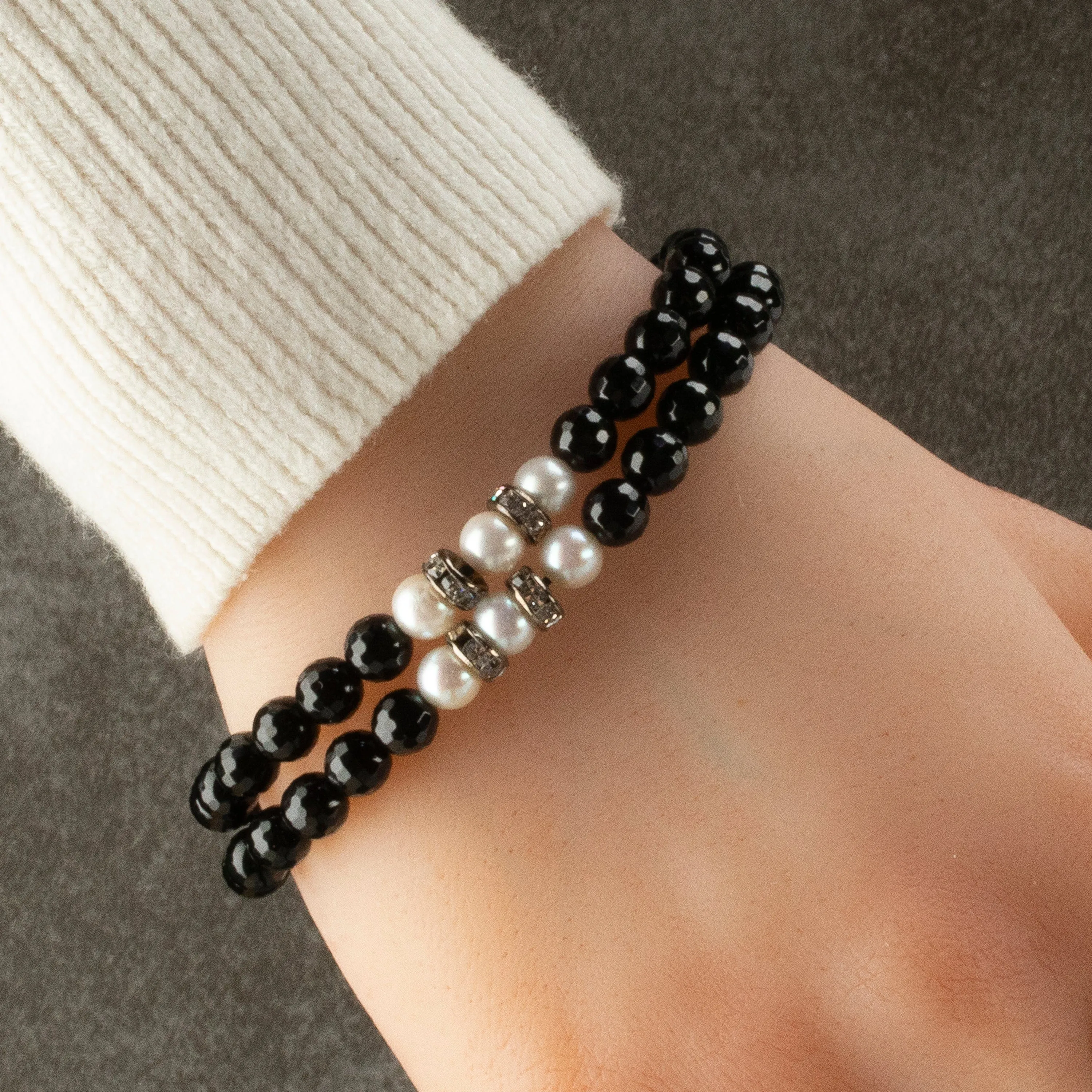 Faceted Black Agate 6mm Beads with Pearl & Silver Accent Beads Double Wrap Elastic Gemstone Bracelet