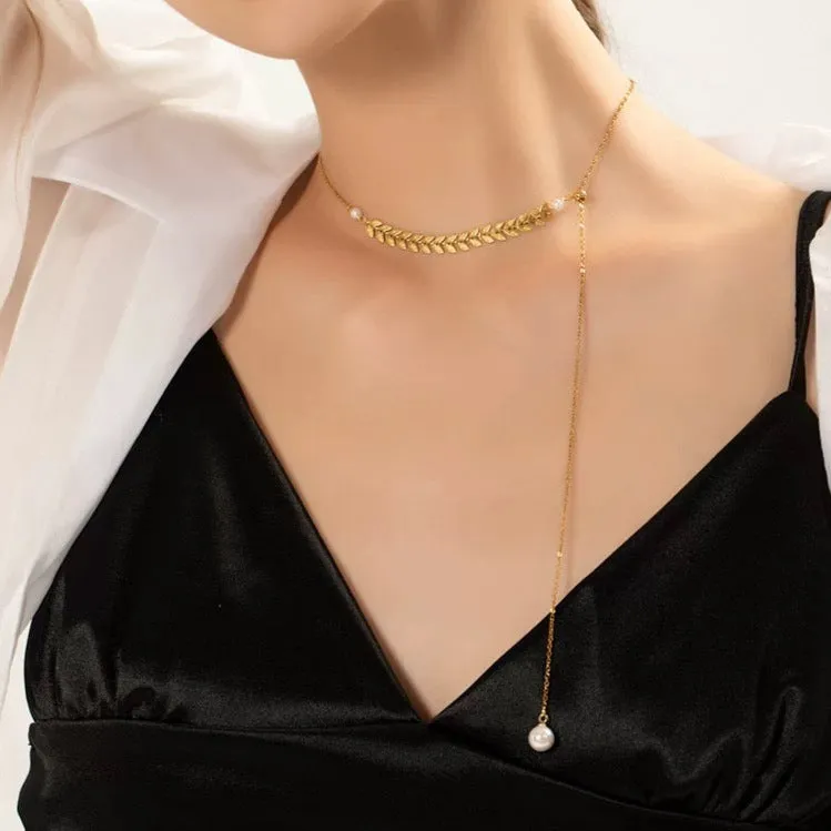 Gold Laurel Leaf Pearl Drop Necklace