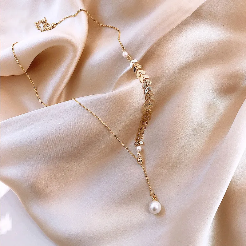 Gold Laurel Leaf Pearl Drop Necklace