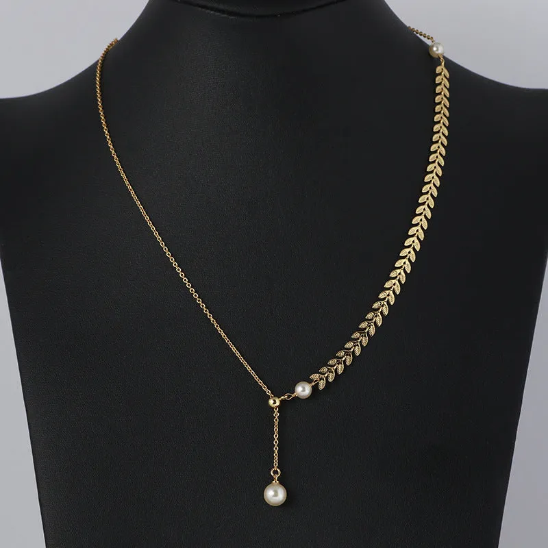 Gold Laurel Leaf Pearl Drop Necklace