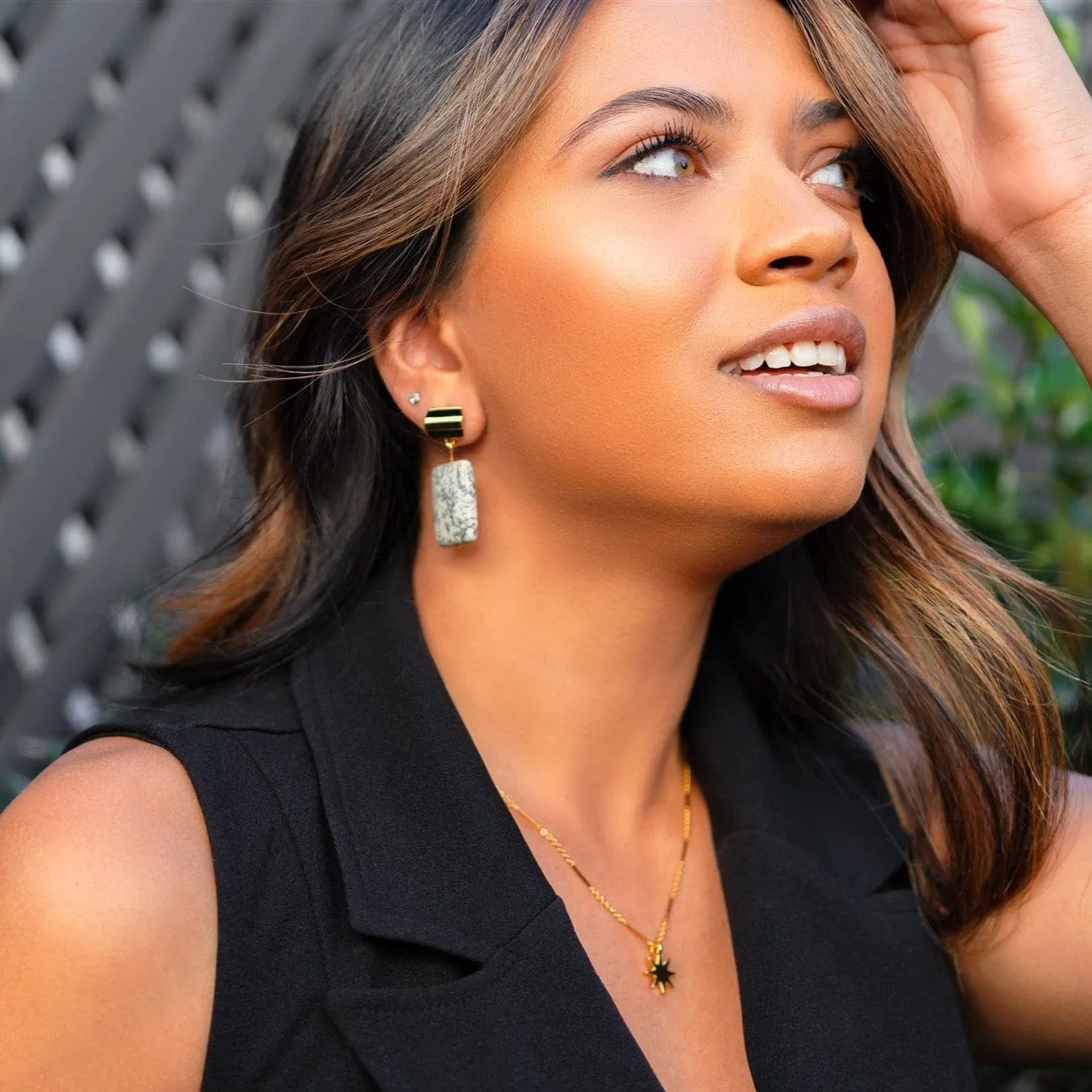 gold layered dome   spotty jasper earrings