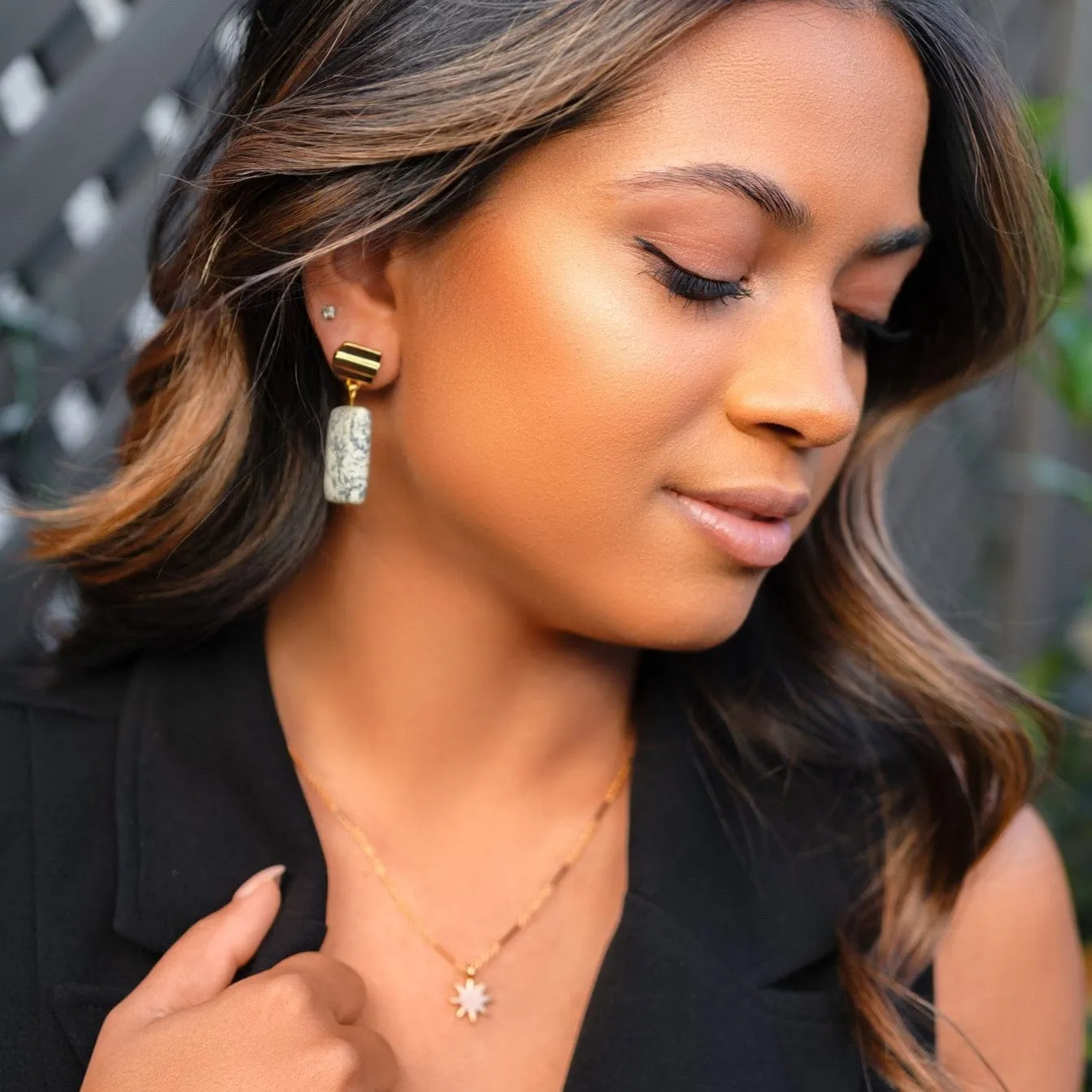 gold layered dome   spotty jasper earrings