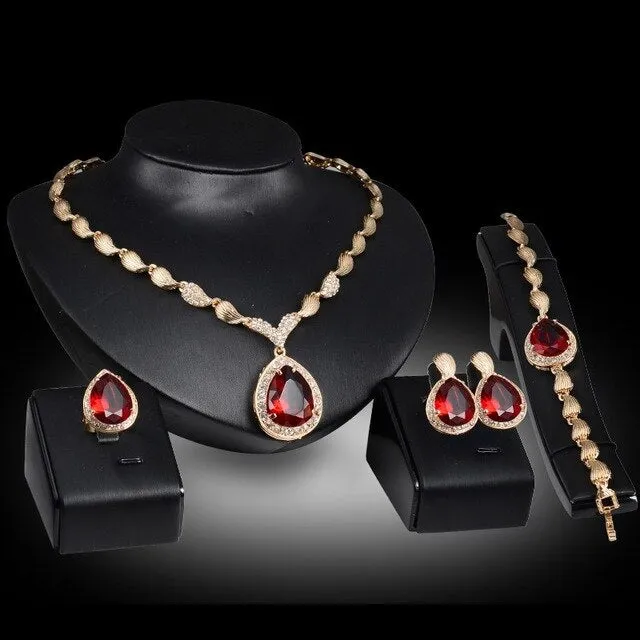 Gold-Plated Crystal Necklace, Bracelet, Earrings & Ring Wedding Statement Jewelry Set