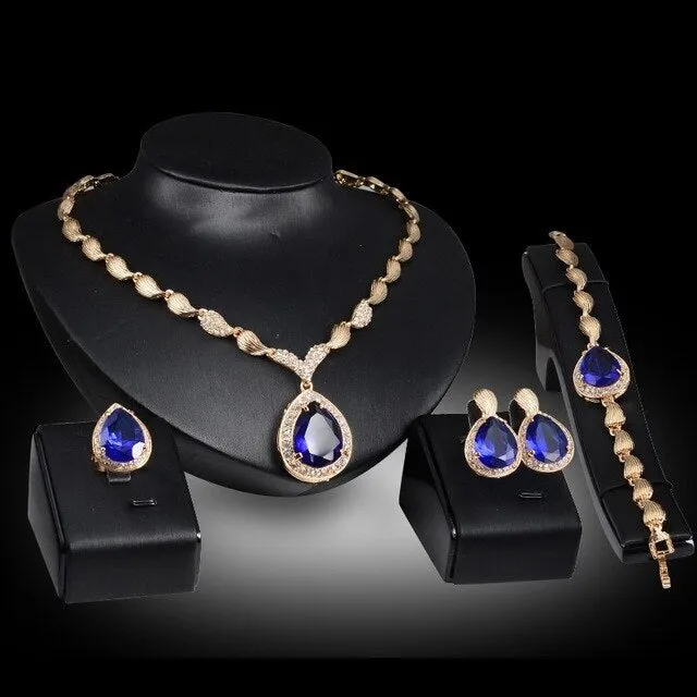 Gold-Plated Crystal Necklace, Bracelet, Earrings & Ring Wedding Statement Jewelry Set