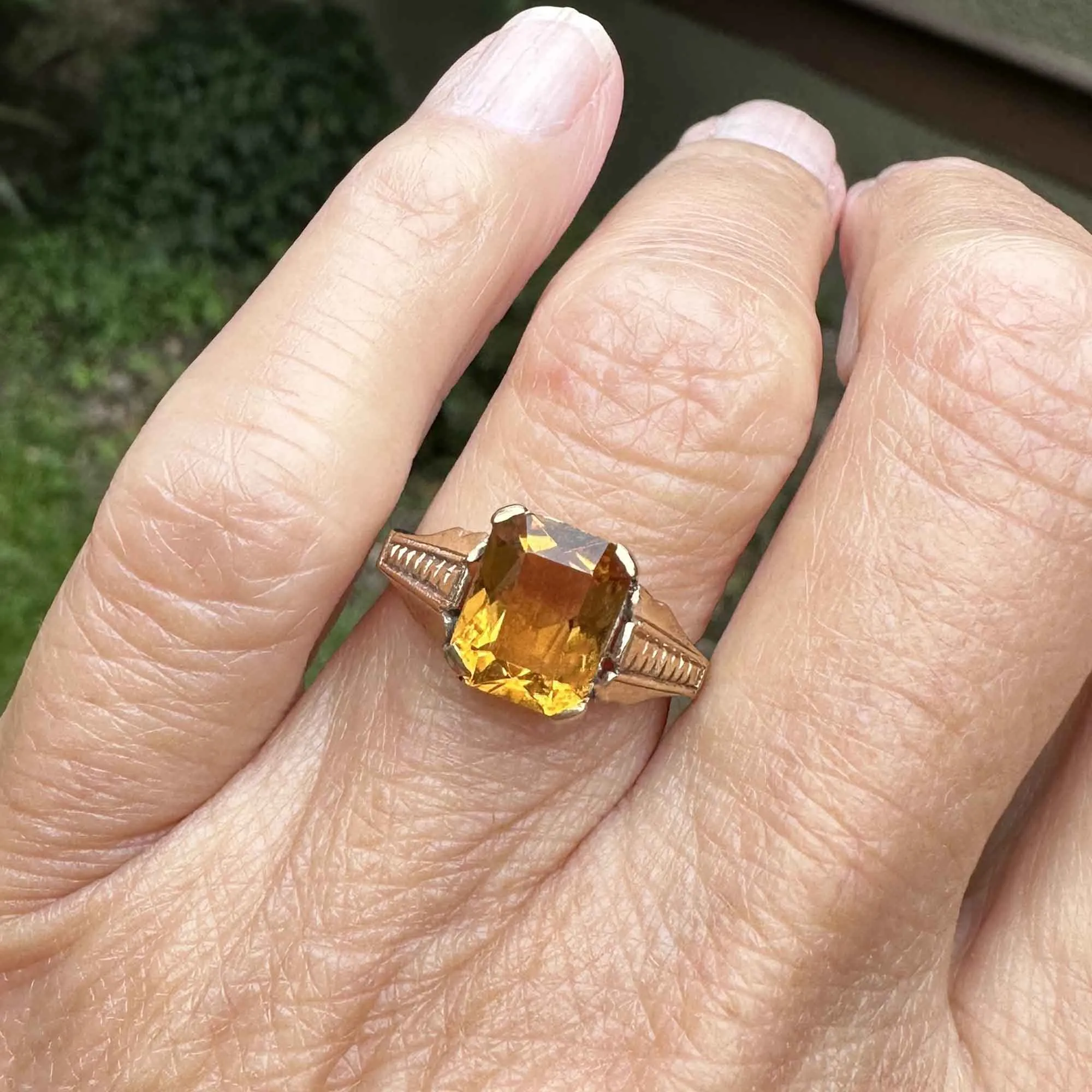 Gold Zig Zag Rectangle Cushion Cut Citrine Signet Ring