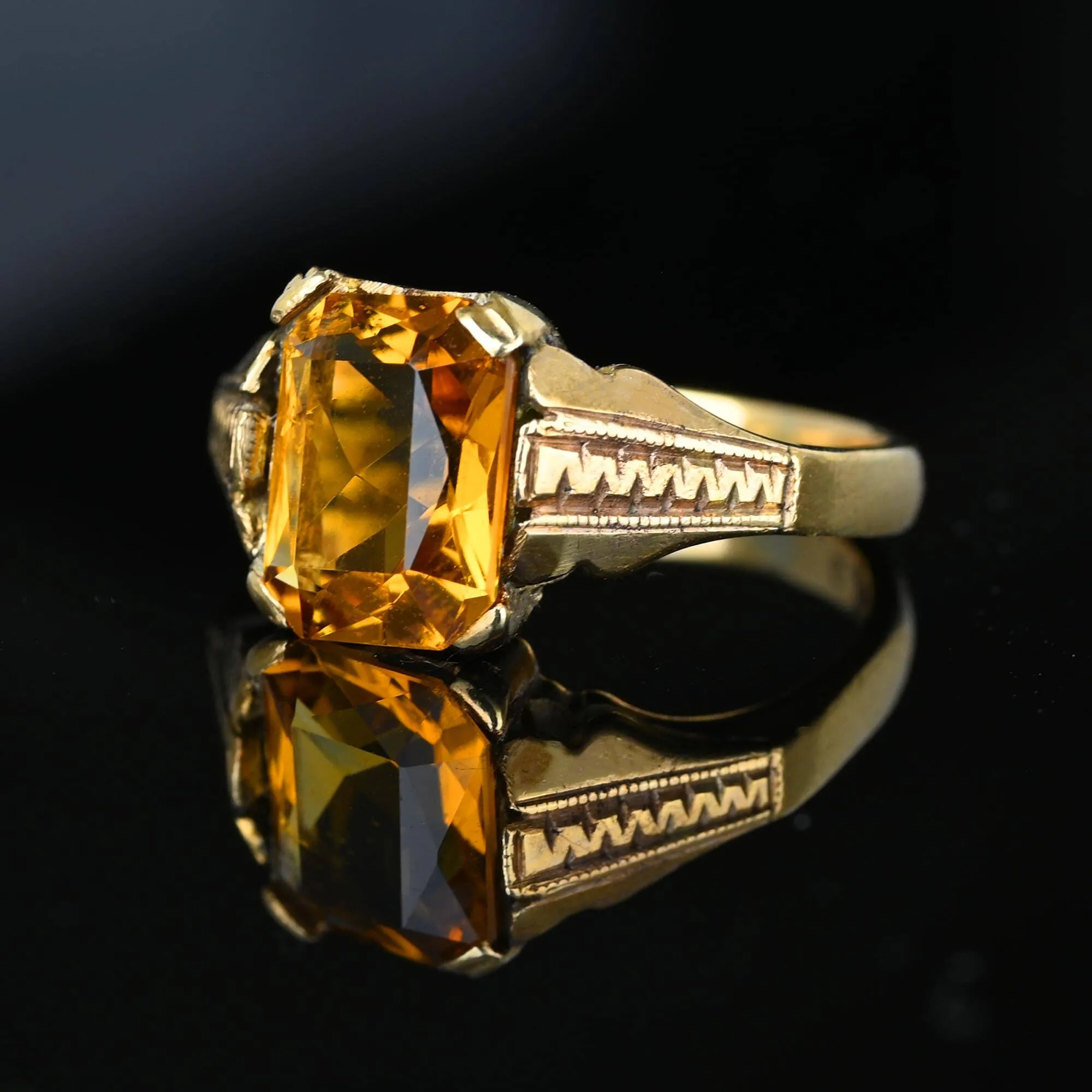 Gold Zig Zag Rectangle Cushion Cut Citrine Signet Ring