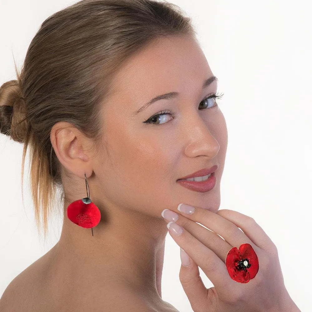 Handmade Black Silver Red Flower Impressive Drop Earrings