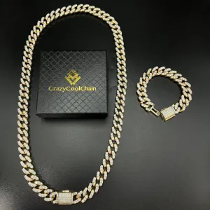 Hip hop 14mm new full diamond box buckle Cuban chain   Bracelet Set