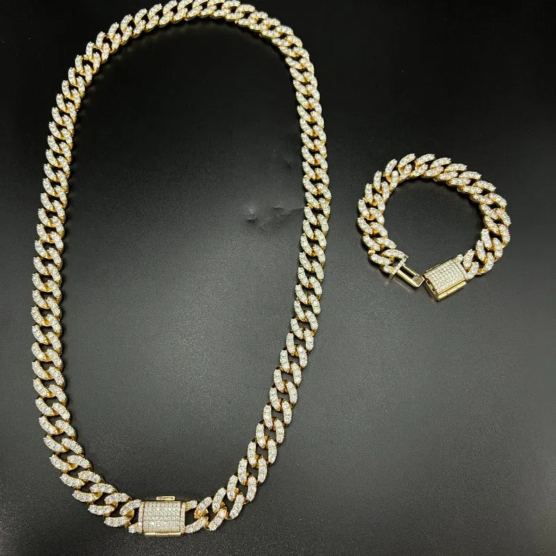 Hip hop 14mm new full diamond box buckle Cuban chain   Bracelet Set