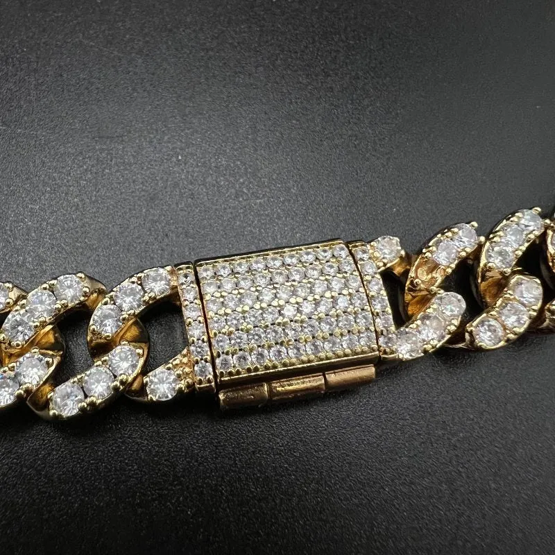 Hip hop 14mm new full diamond box buckle Cuban chain   Bracelet Set