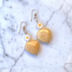 Honey Jasper gemstone Heart and Mother of Pearl Daisy Drop Earrings