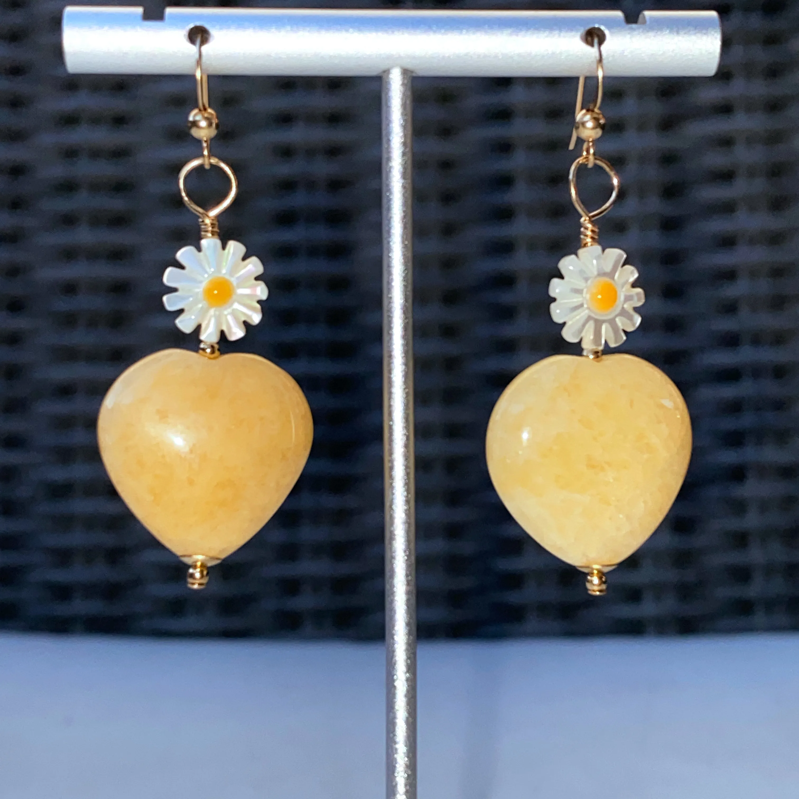 Honey Jasper gemstone Heart and Mother of Pearl Daisy Drop Earrings