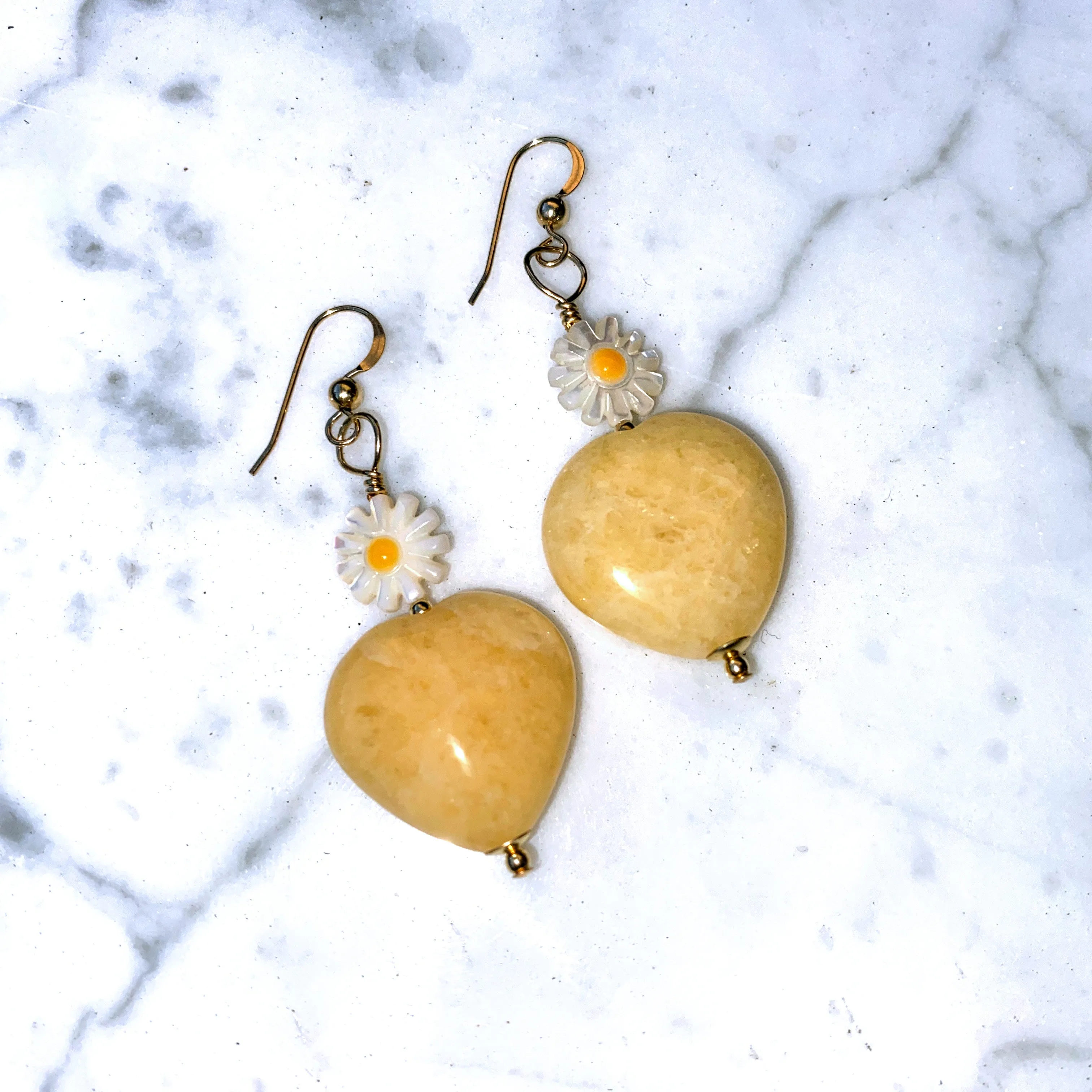 Honey Jasper gemstone Heart and Mother of Pearl Daisy Drop Earrings