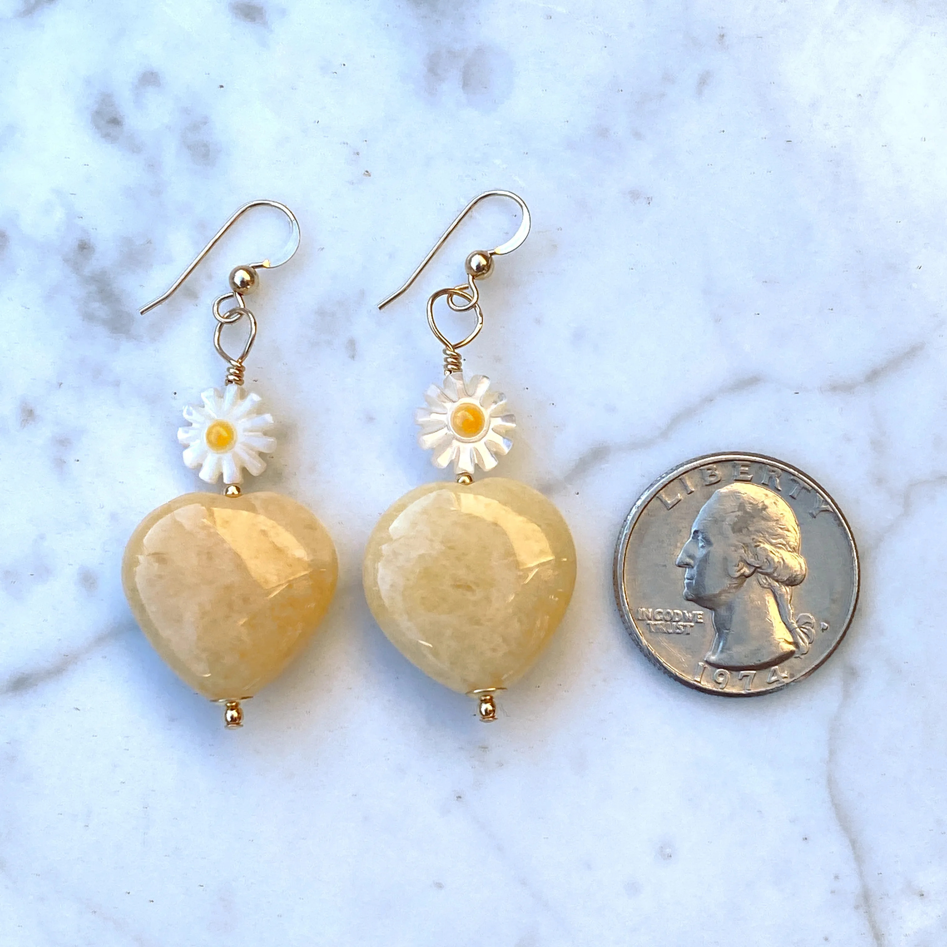 Honey Jasper gemstone Heart and Mother of Pearl Daisy Drop Earrings