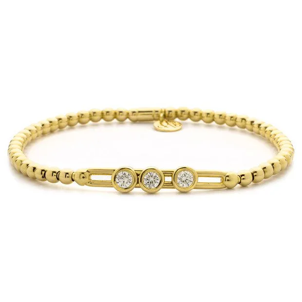 Hulchi Belluni Stretch Bracelet with Three Bezel Diamond Moveable Stations Yellow Gold