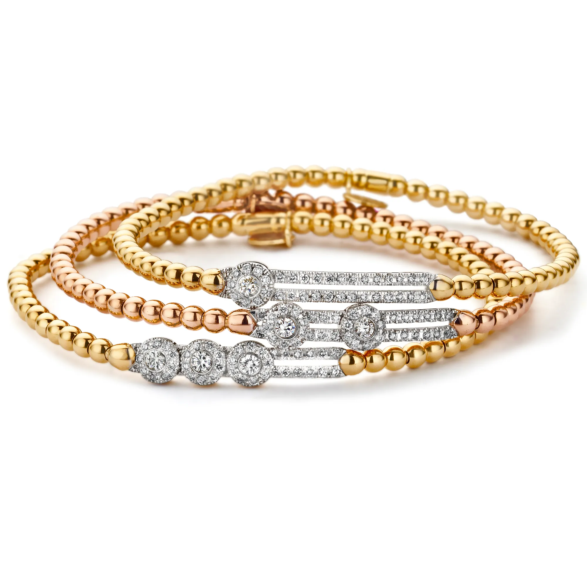 Hulchi Belluni Stretch Bracelet with Three Bezel Diamond Moveable Stations Yellow Gold