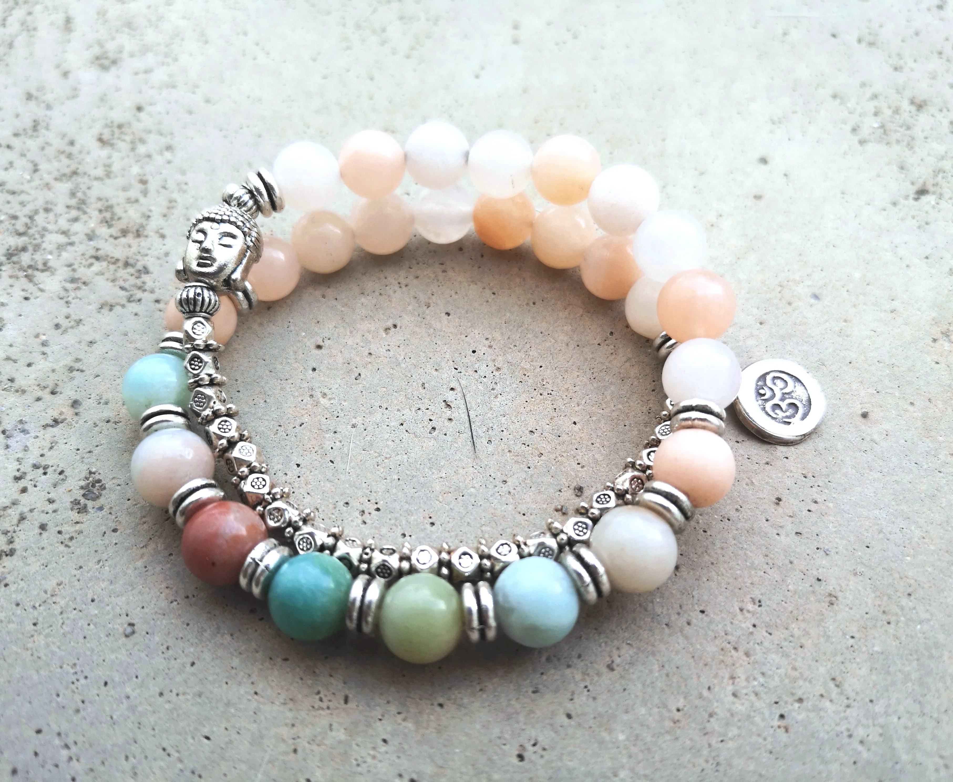 Japa Mala Wrist Bracelet in Aventurine, Amazonite, Buddha Head Bead, Stamped OM Charm