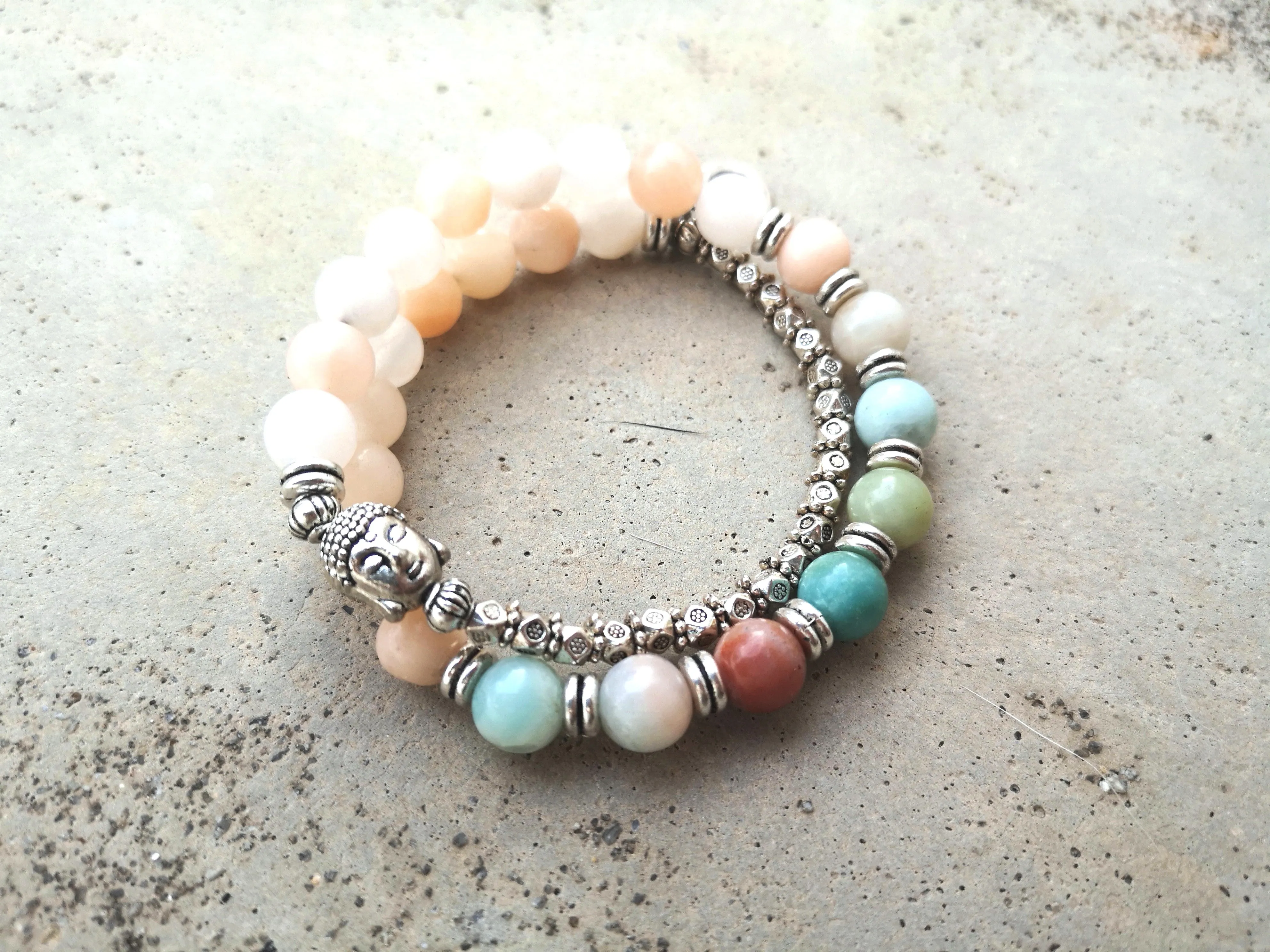 Japa Mala Wrist Bracelet in Aventurine, Amazonite, Buddha Head Bead, Stamped OM Charm