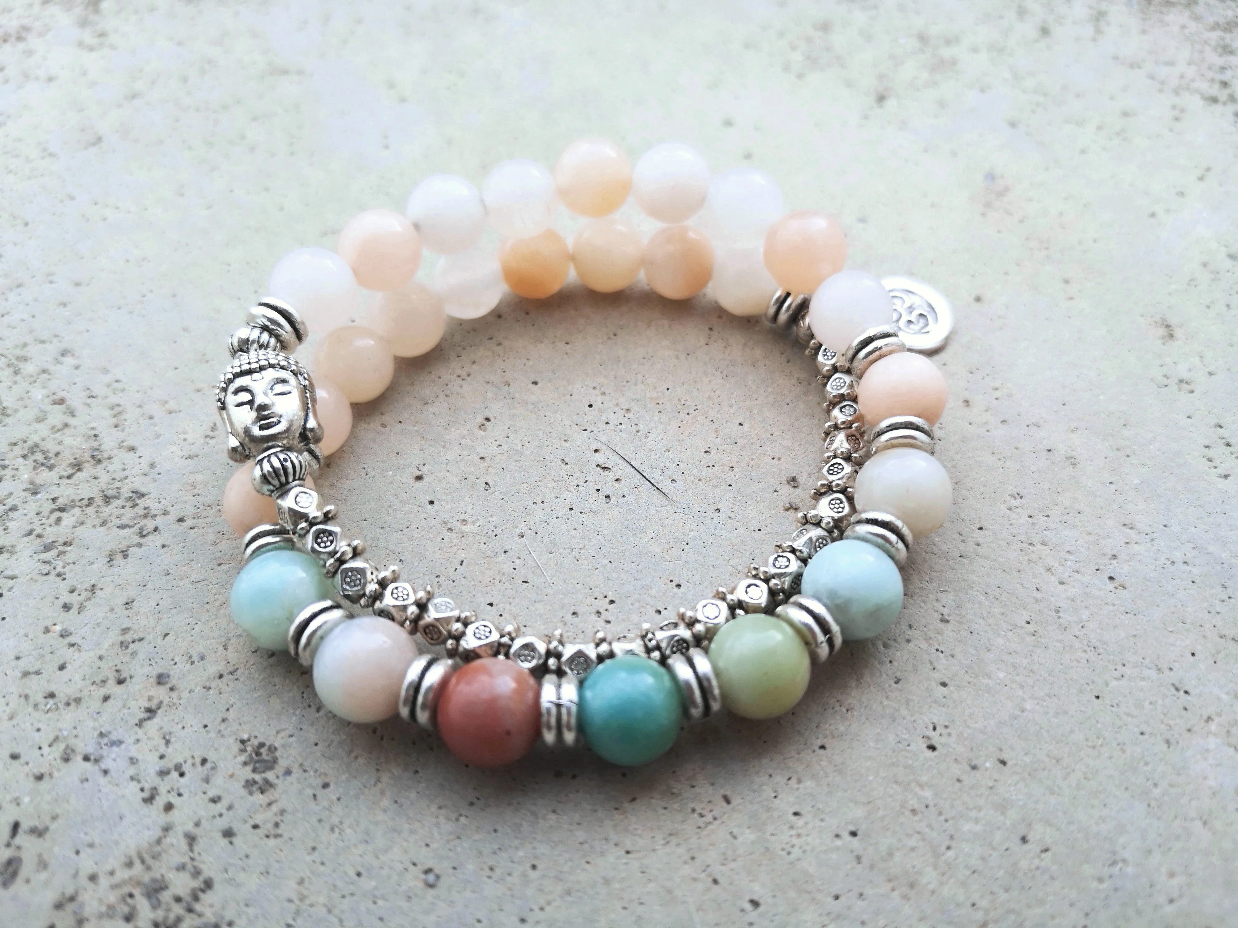 Japa Mala Wrist Bracelet in Aventurine, Amazonite, Buddha Head Bead, Stamped OM Charm