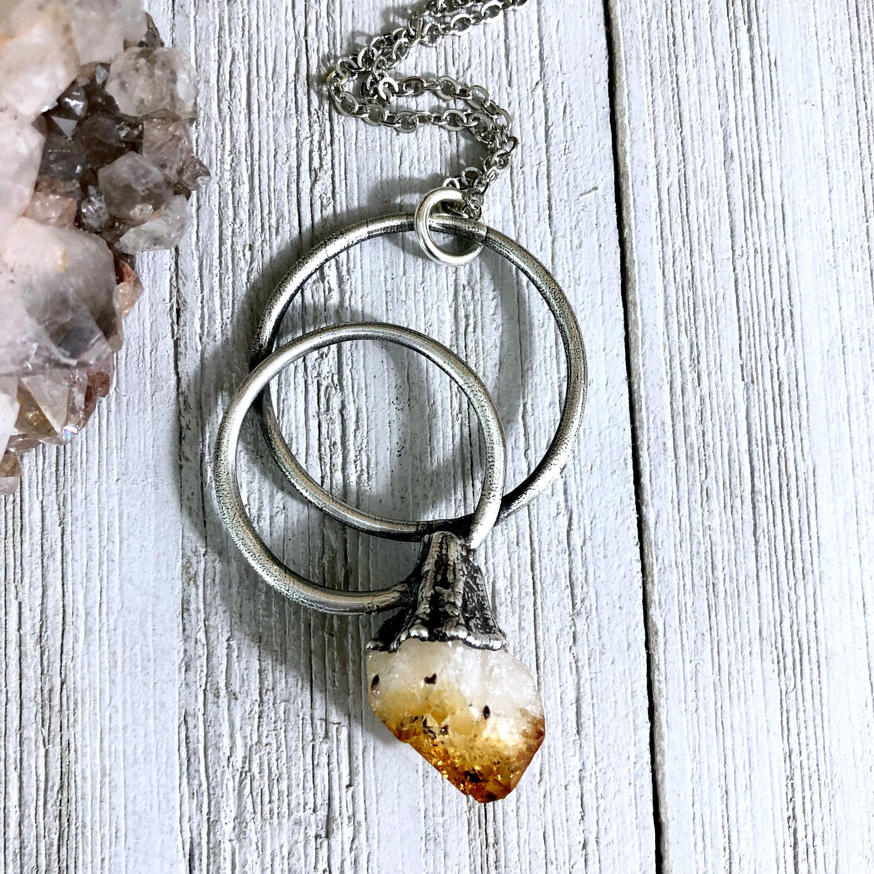 Large Citrine Necklace / Big Crystal Necklace Silver