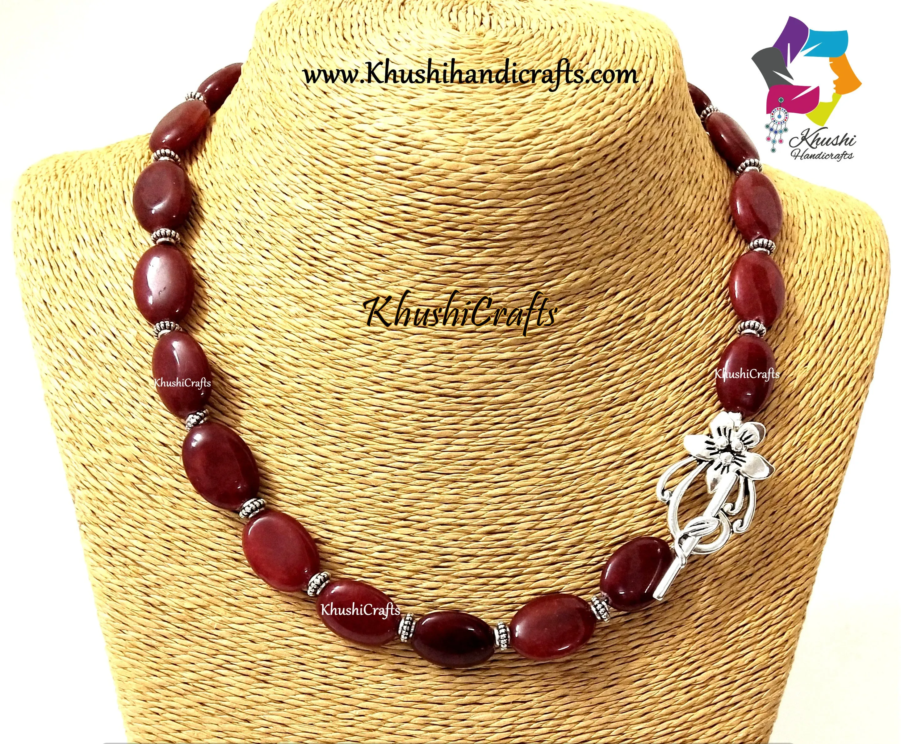 Maroon Agate Necklace with German silver Spacers and a Flower Toggle clasp!