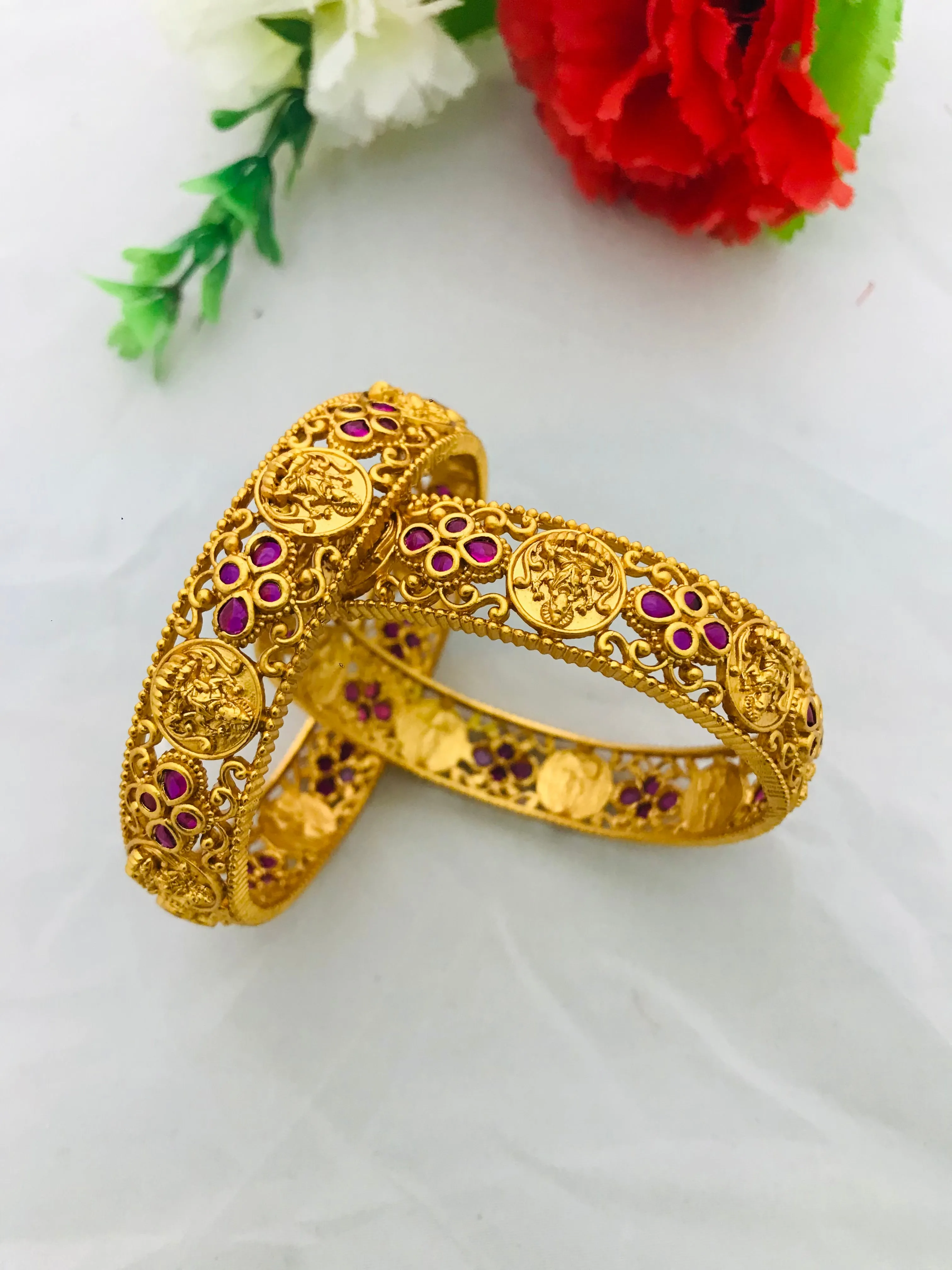 Matte Finished Antique Gold Designer Bangle With Ruby Stones