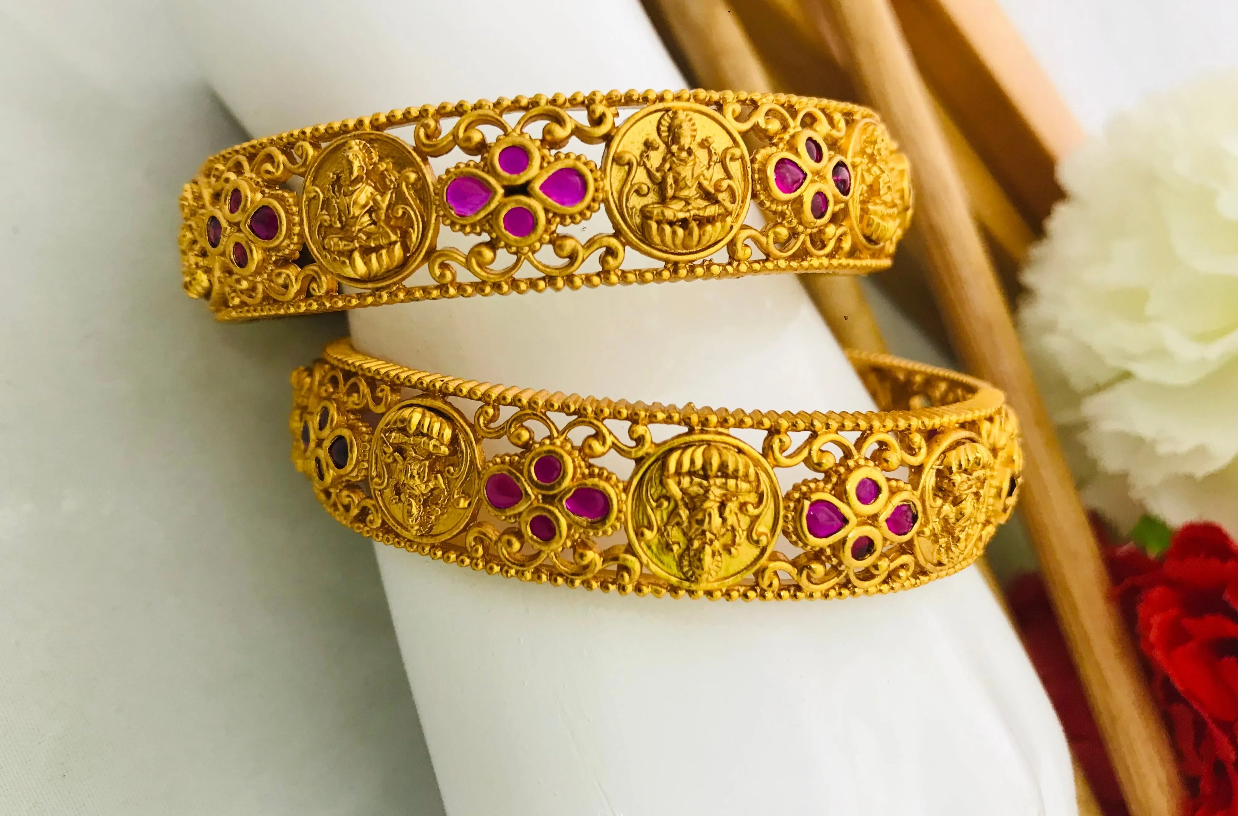 Matte Finished Antique Gold Designer Bangle With Ruby Stones