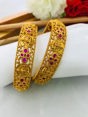 Matte Finished Antique Gold Designer Bangle With Ruby Stones