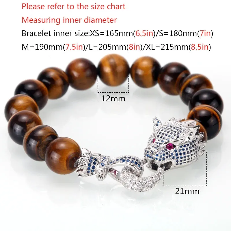 Men's 12mm Tiger-Eye Micro-Pave Dragon Luxury Bead Bracelet