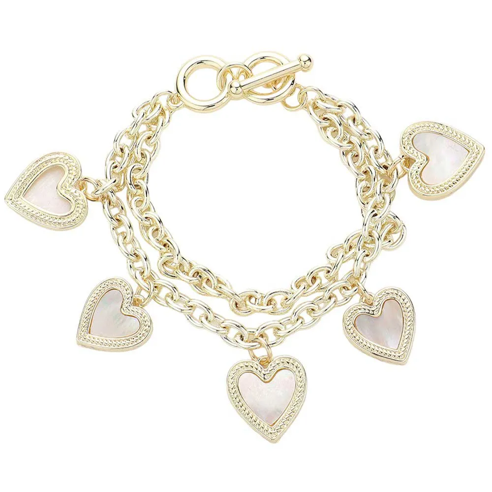 Mother Of Pearl Heart Charm Layered Toggle Bracelet