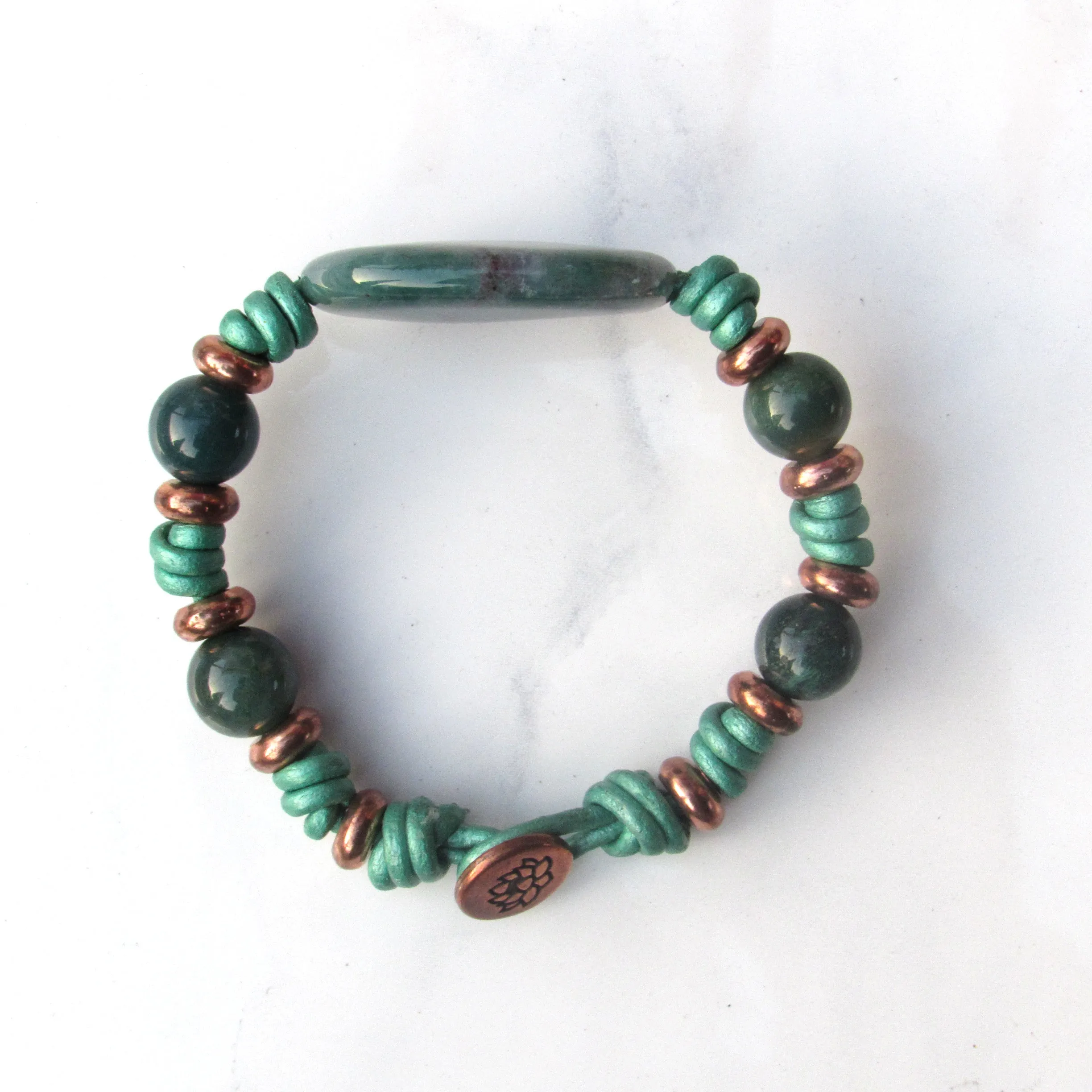 Natural Indian Agate gemstone and Copper Hand Knotted Leather Bracelet