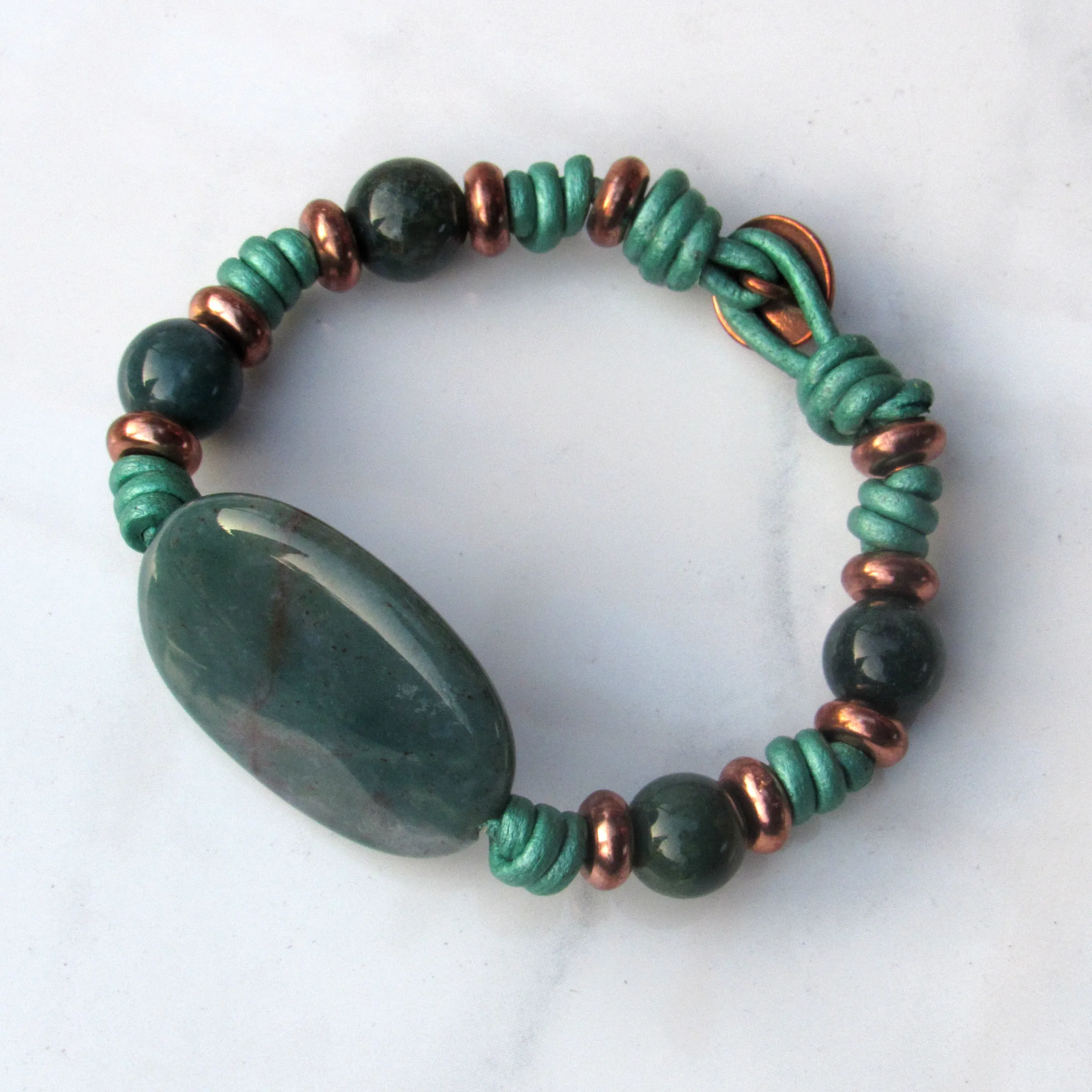 Natural Indian Agate gemstone and Copper Hand Knotted Leather Bracelet