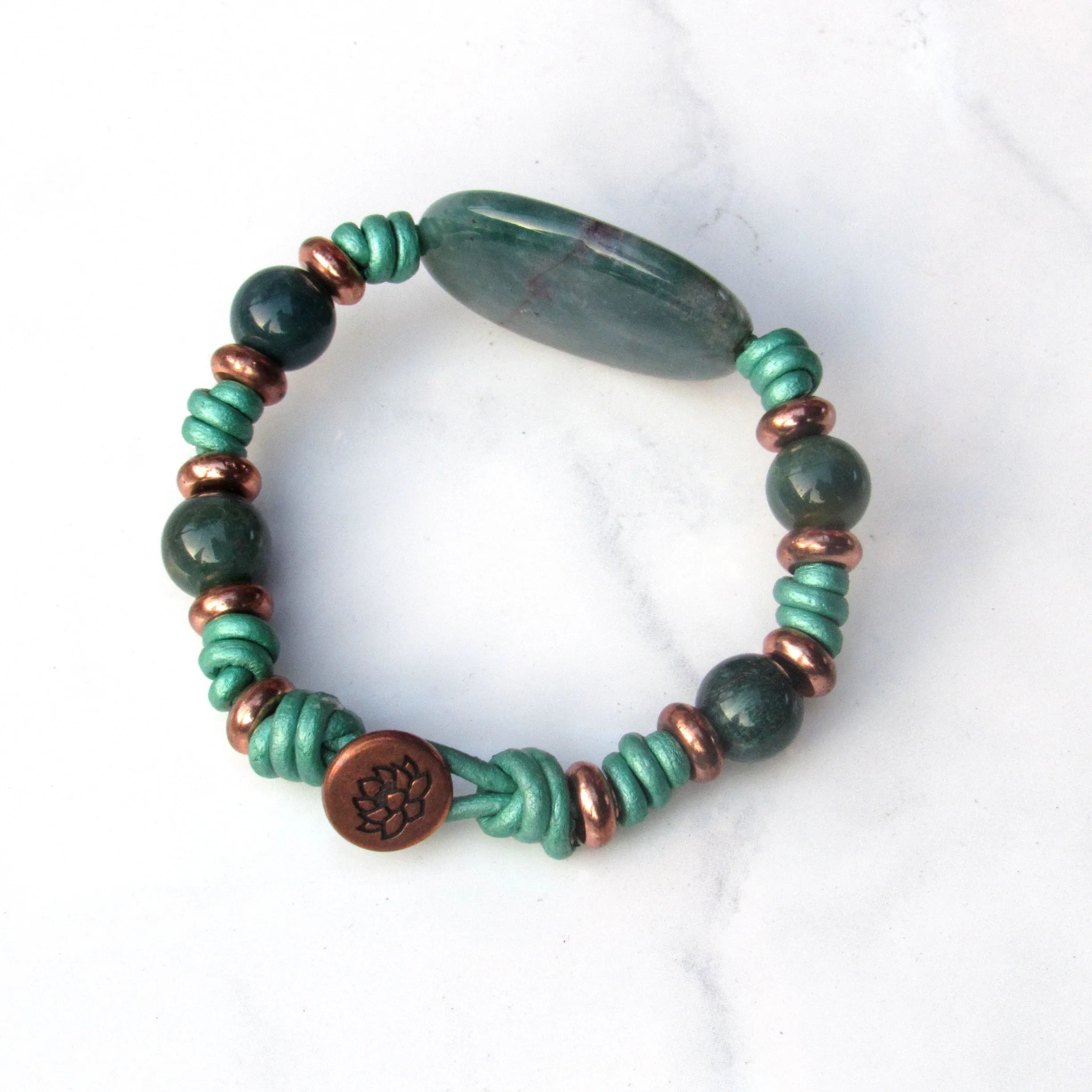 Natural Indian Agate gemstone and Copper Hand Knotted Leather Bracelet