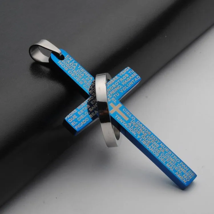 New Silver Black Blue Titanium Steel Cross Bible Pendant Necklace