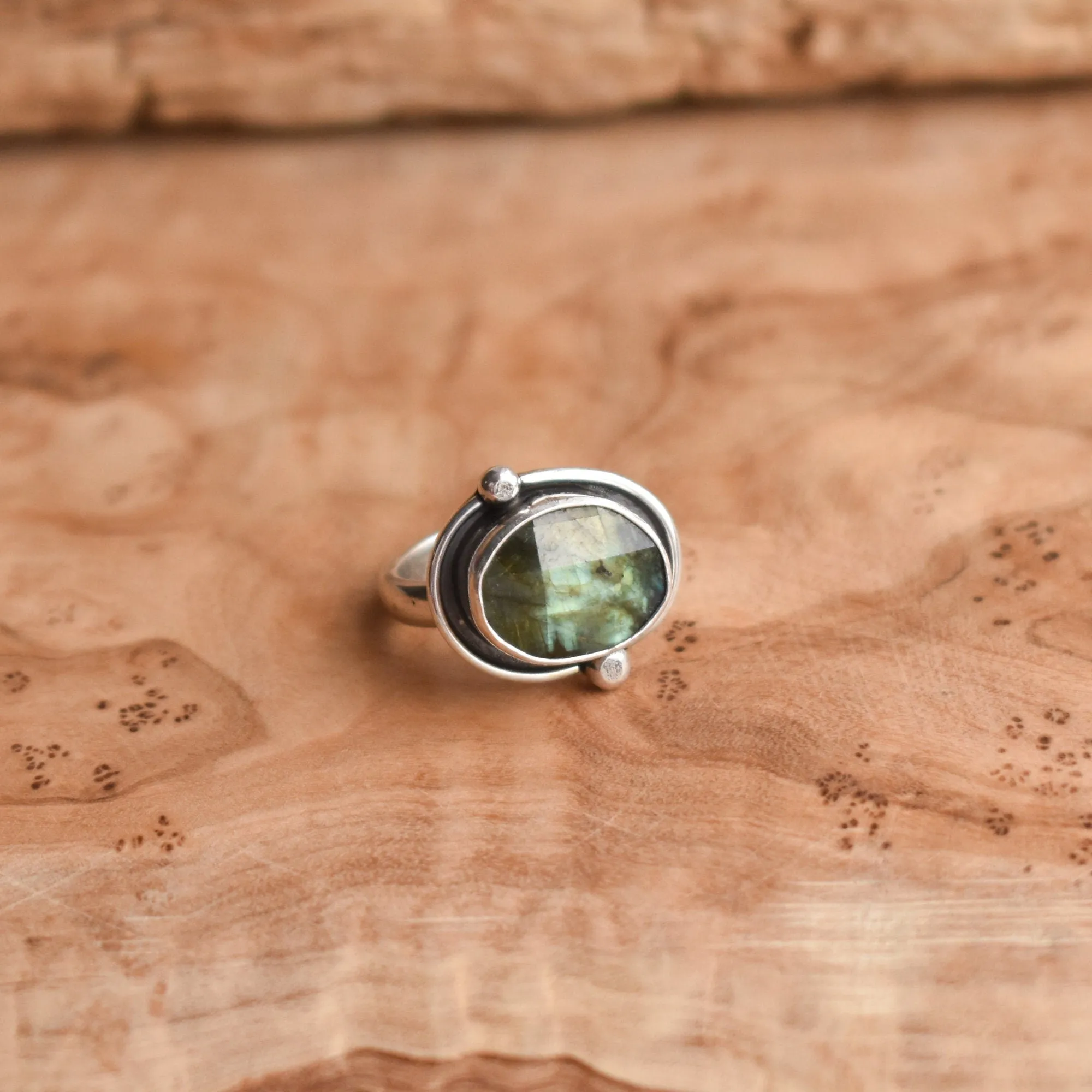 Orbits Ring - Rose Cut Labradorite Ring - .925 Sterling Silver - East West Oval Ring - Silversmith Ring