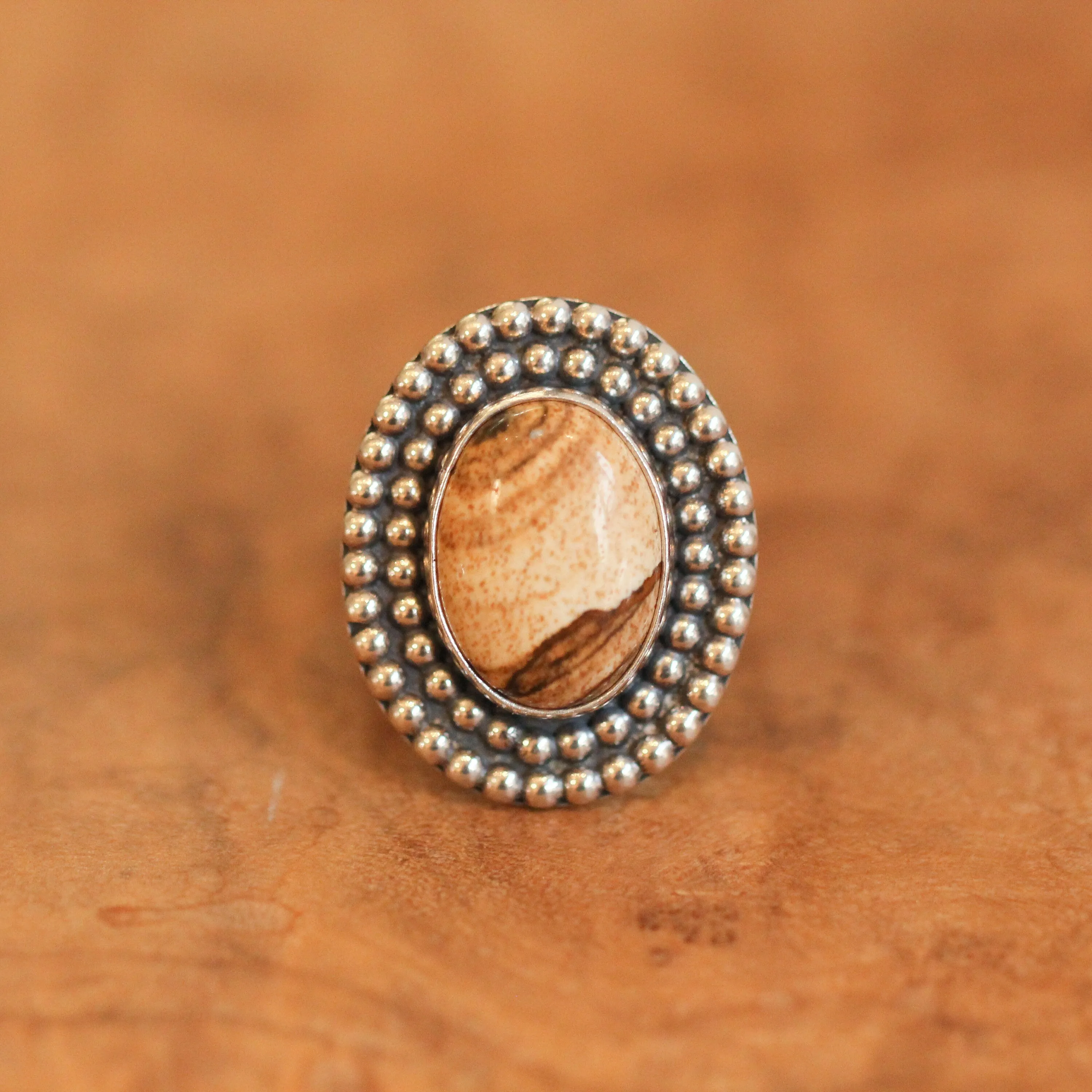 Picture Jasper Beaded Boho Ring - Picture Jasper Ring - .925 Sterling Silver - Silversmith - OOAK