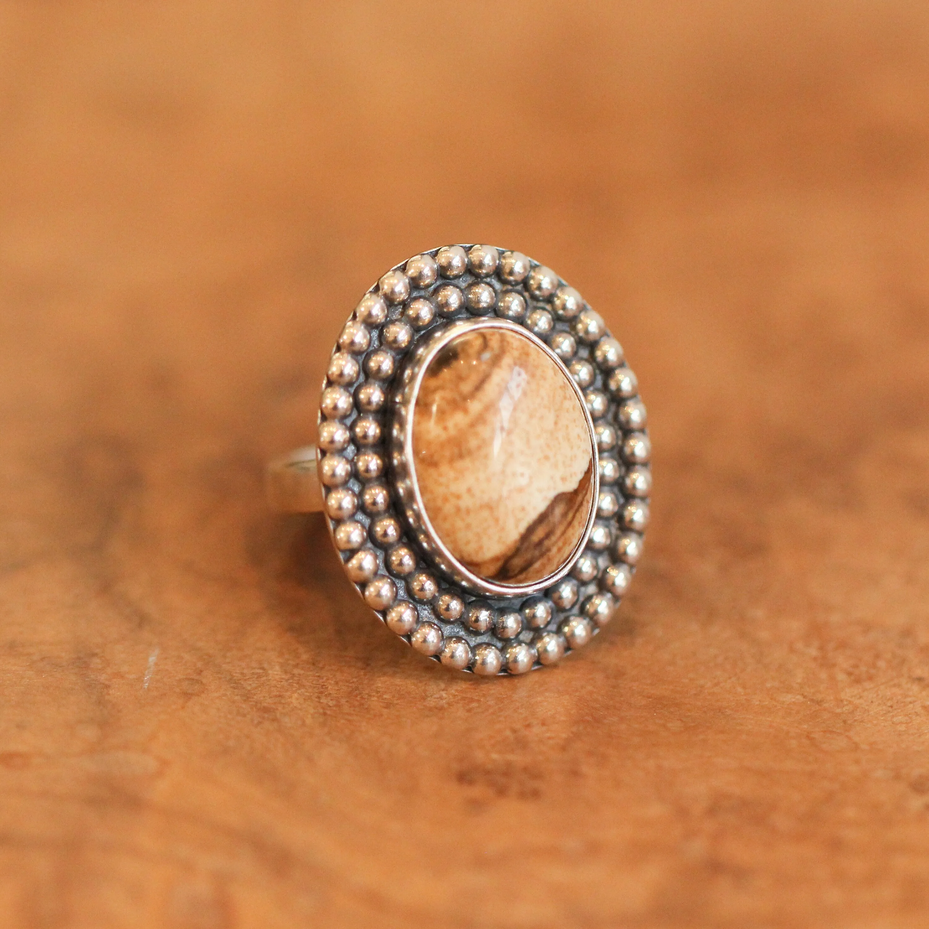 Picture Jasper Beaded Boho Ring - Picture Jasper Ring - .925 Sterling Silver - Silversmith - OOAK