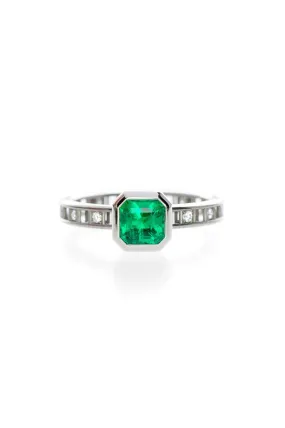 Pixel Dust Open Set Solitaire Ring - Emerald Cut Emerald in White Gold