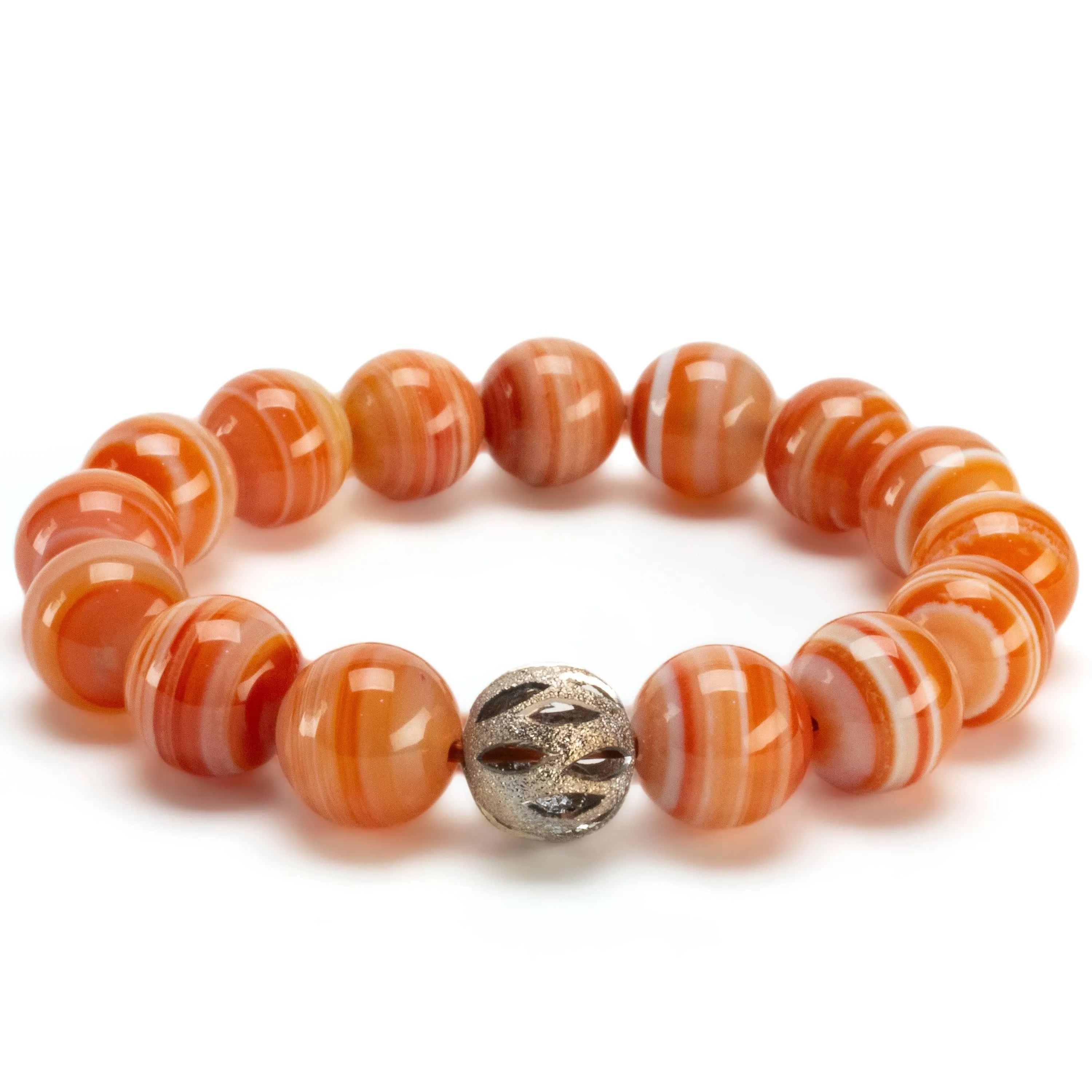 Polished Banded Carnelian 12mm Gemstone Bead Elastic Bracelet with Silver Accent Bead