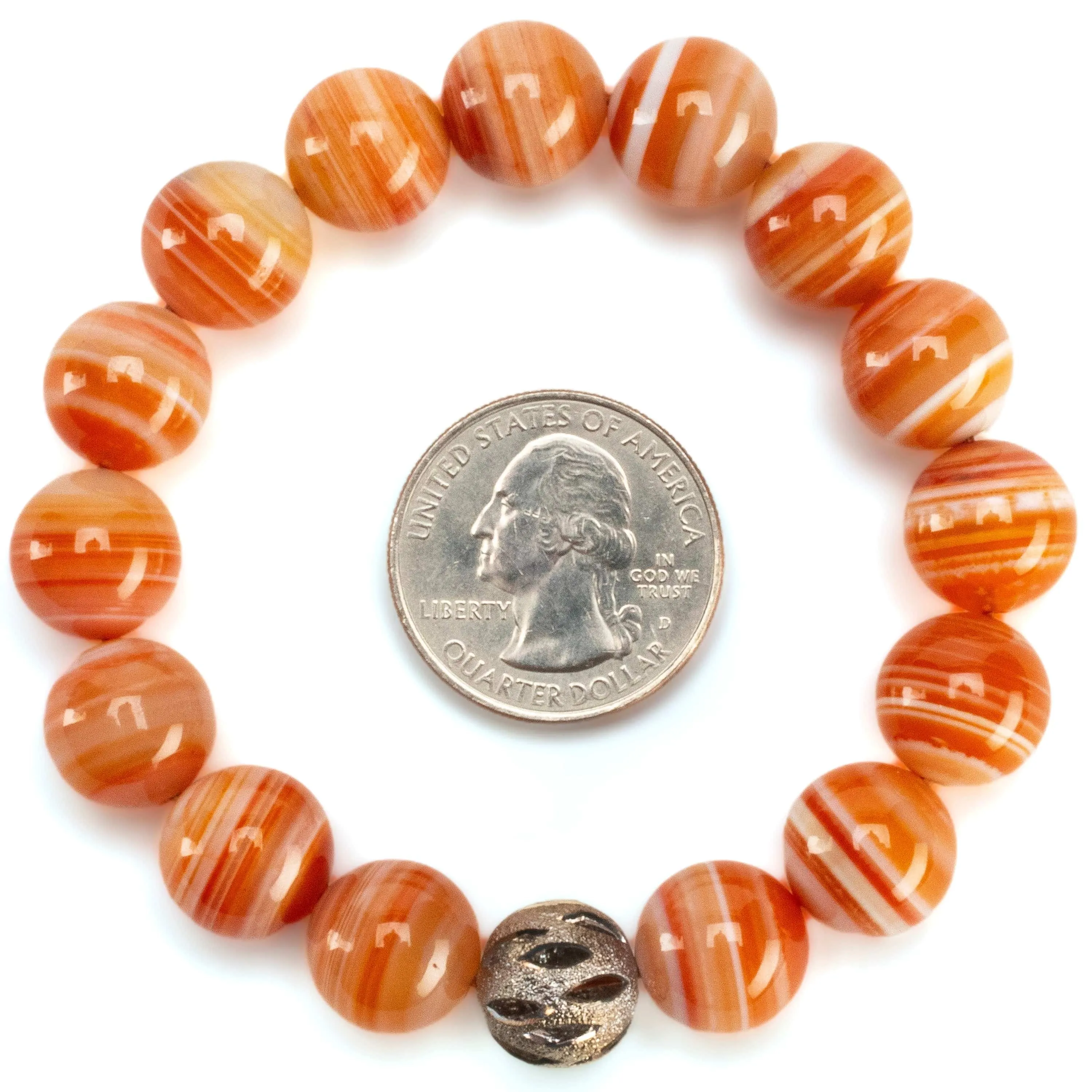 Polished Banded Carnelian 12mm Gemstone Bead Elastic Bracelet with Silver Accent Bead