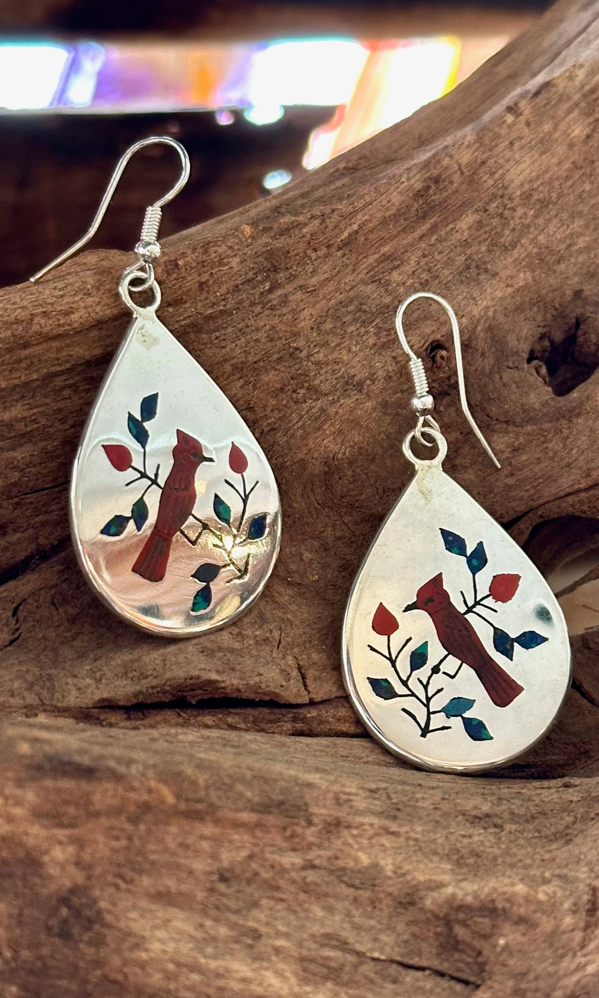 RAYMOND BOYD Navajo, Cardinal Multi-Stone Inlay Sterling Silver Dangle Earrings