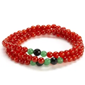 Red Agate 6mm Beads with Aventurine & Black Agate Accent Beads Triple Wrap Gemstone Elastic Bracelet