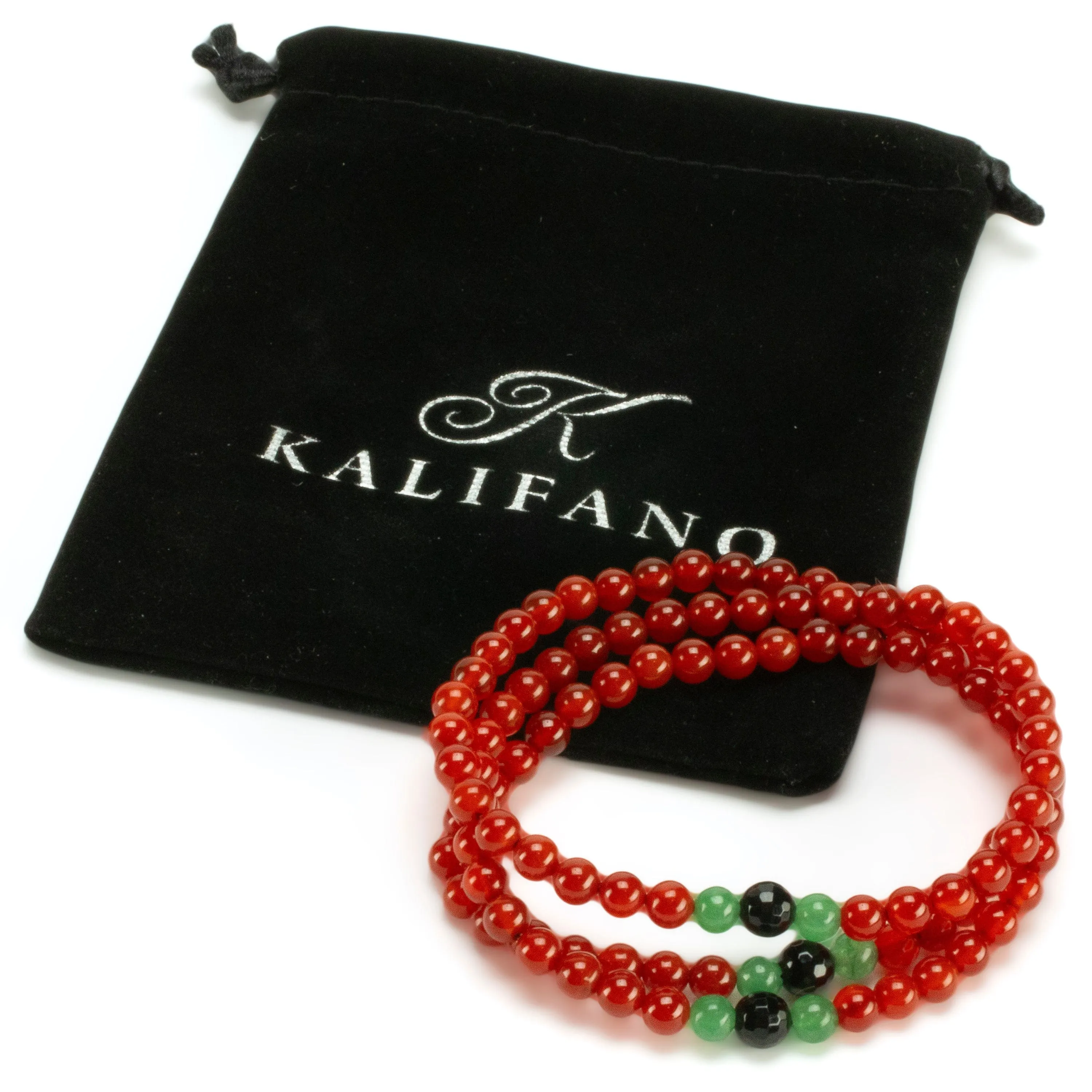 Red Agate 6mm Beads with Aventurine & Black Agate Accent Beads Triple Wrap Gemstone Elastic Bracelet