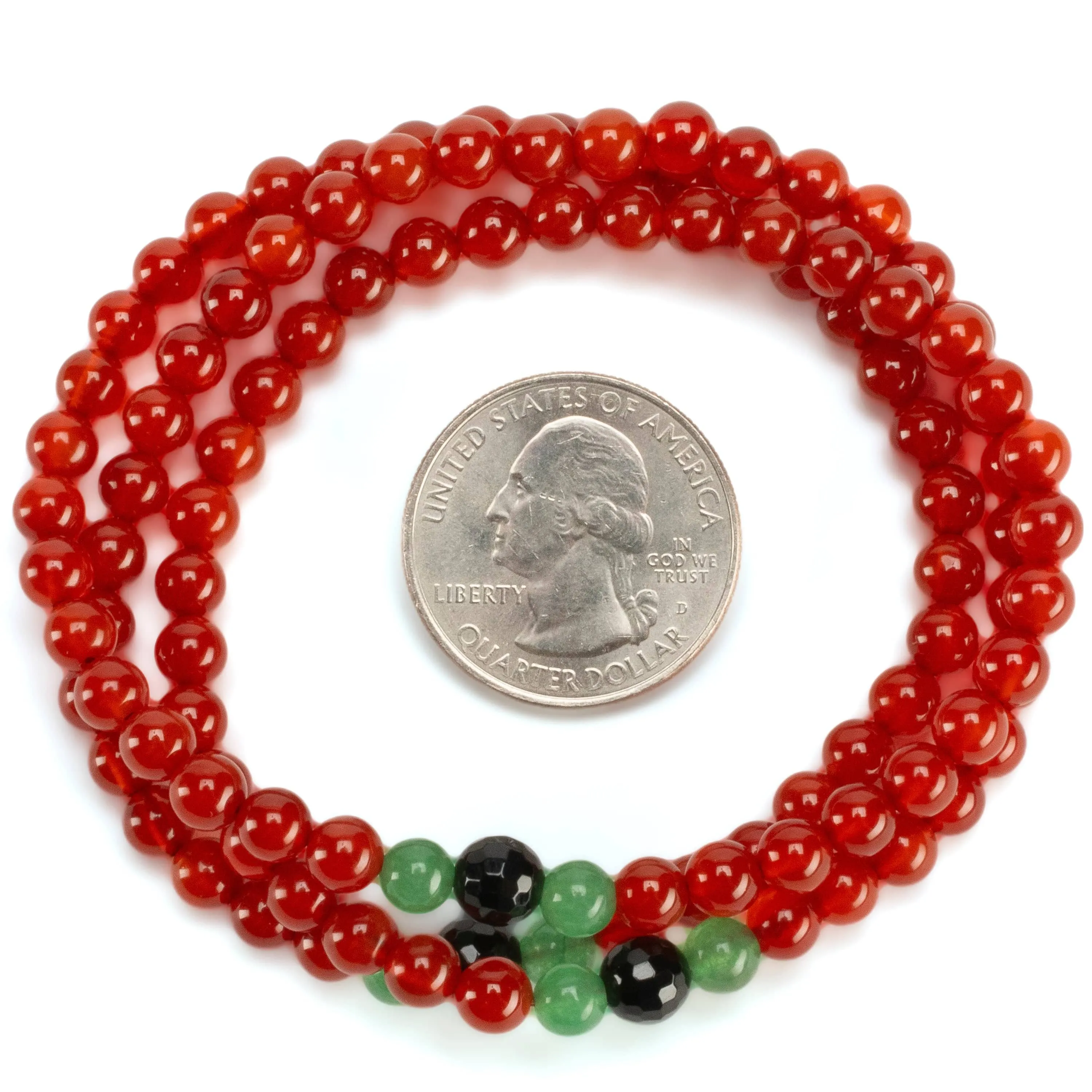 Red Agate 6mm Beads with Aventurine & Black Agate Accent Beads Triple Wrap Gemstone Elastic Bracelet